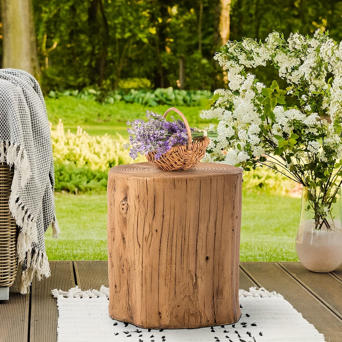 15" Outdoor Side Table For Patio, Concrete Side Table Tree Stump Side Table, Garden Stool Side Table, Patio Side Table, Outdoor Accent Table, Light Brown Outdoor End Table Stump Coffee Table, Christmas Holiday Decorations Sid