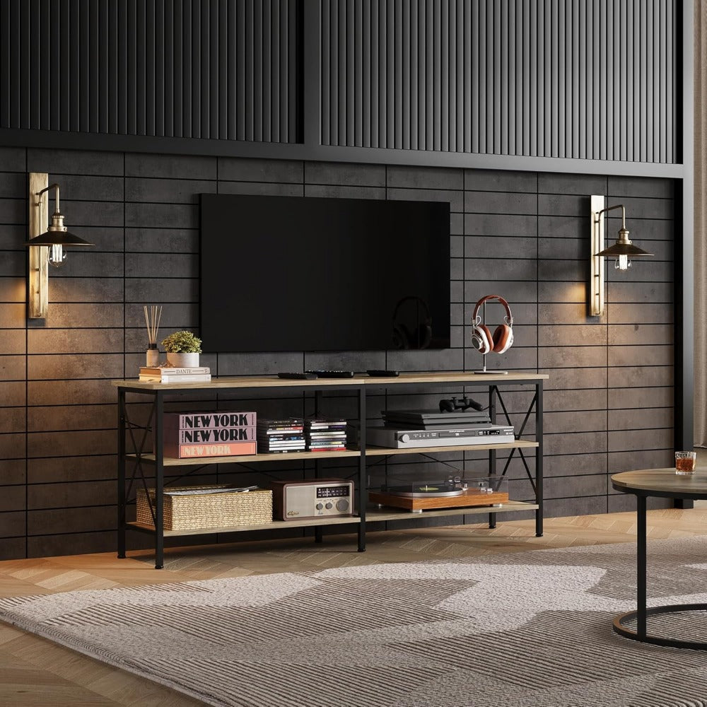 Versatile 3-Tier Steel & Wood TV Stand - Perfect for Indoor/Outdoor Use Fits Up to 70’’ TVs Ideal for Living Room &