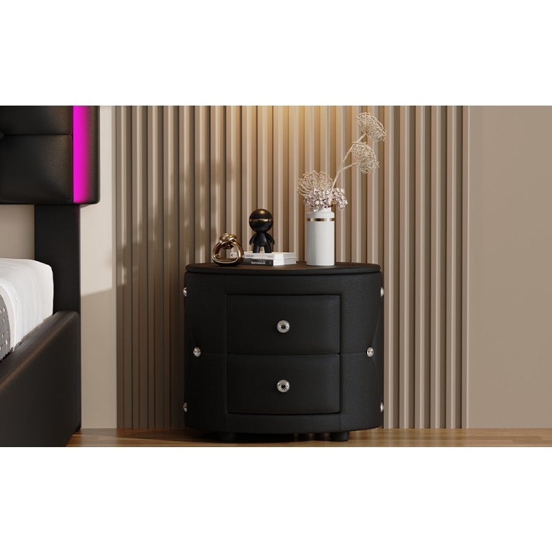 Black PU Nightstand with 2 Drawers & Crystal Handle, Fully Assembled Except Minor Parts, Stylish Bedside Storage, Sleek Design, Ideal for Different Interior Styles, Durable and Practical, Bedroom Essential.