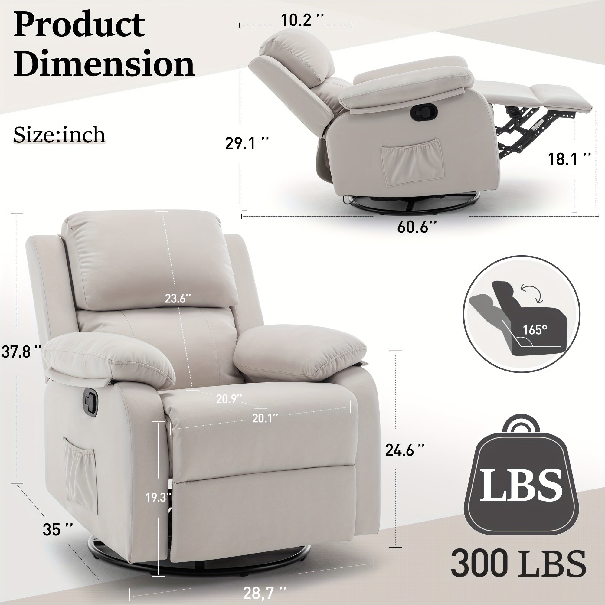 Recliner Chair, 360° Rocking Chair, Small Rocking Recliner Chair For Small Spaces, Upholstered Fabric Chair With Side Pocket