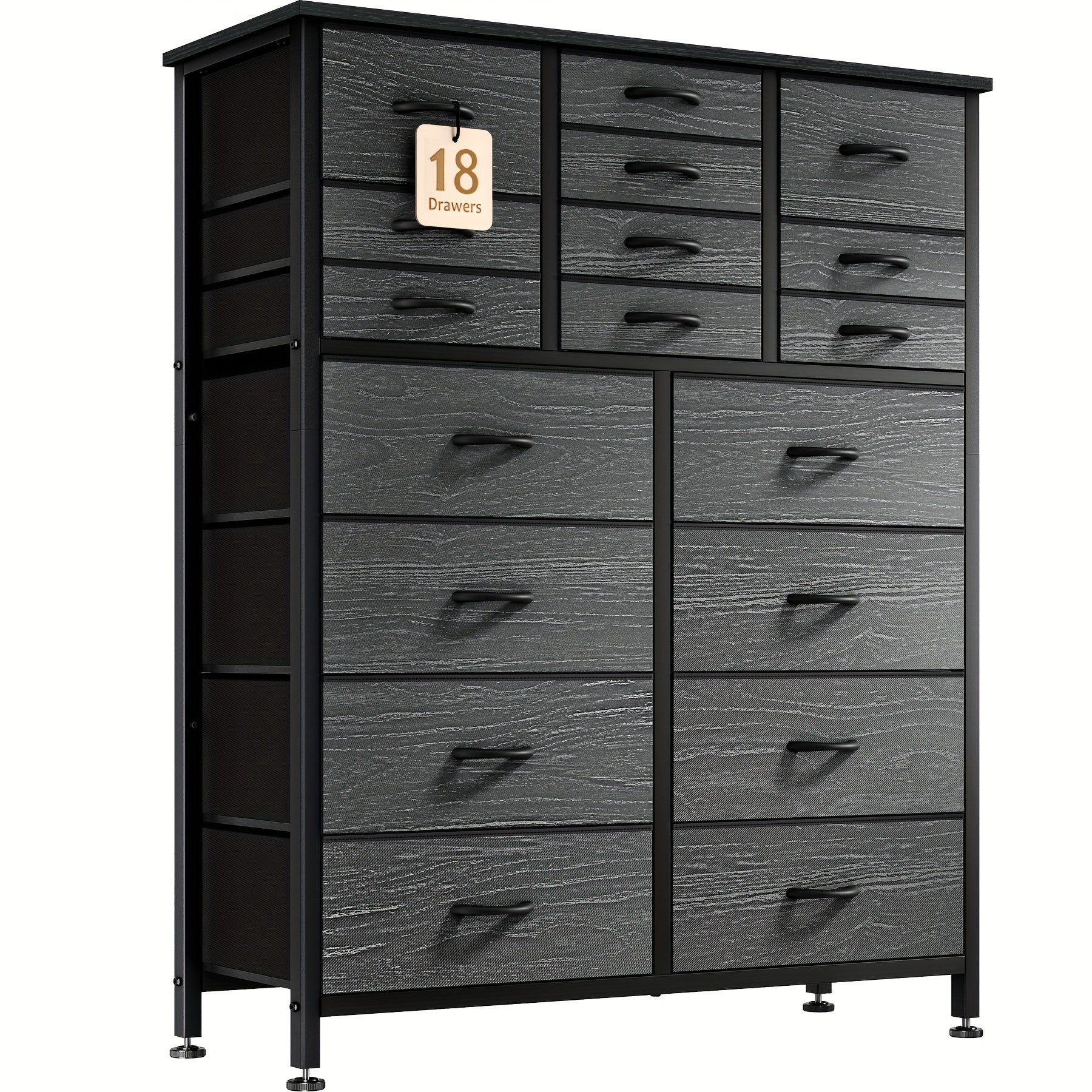 Dresser for Bedroom Tall Dresser Chests of Drawers with 18 Fabric Drawers Wood Top for Closets Living Room - Black Wood