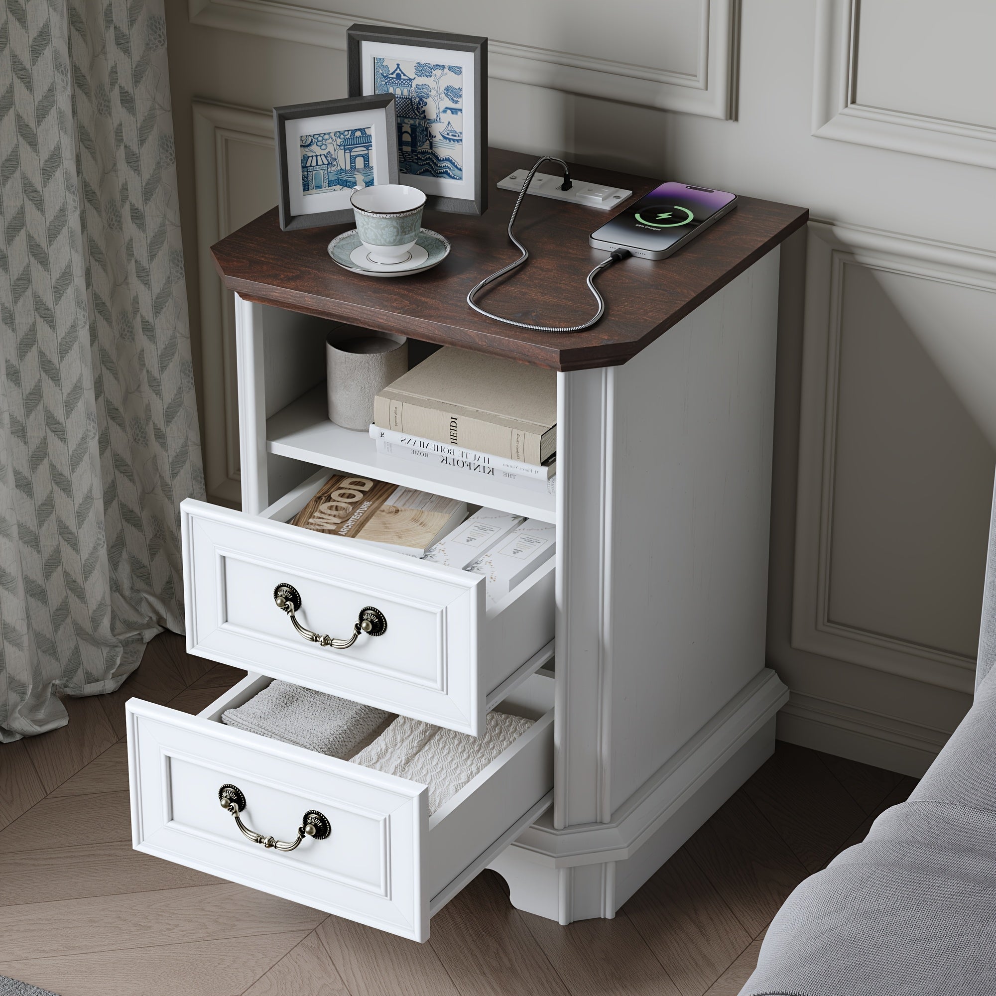 Charming Farmhouse 2-Drawer Nightstand - White Wooden End Table with Open Shelf for Bedroom & Living Room, Stain-Resistant