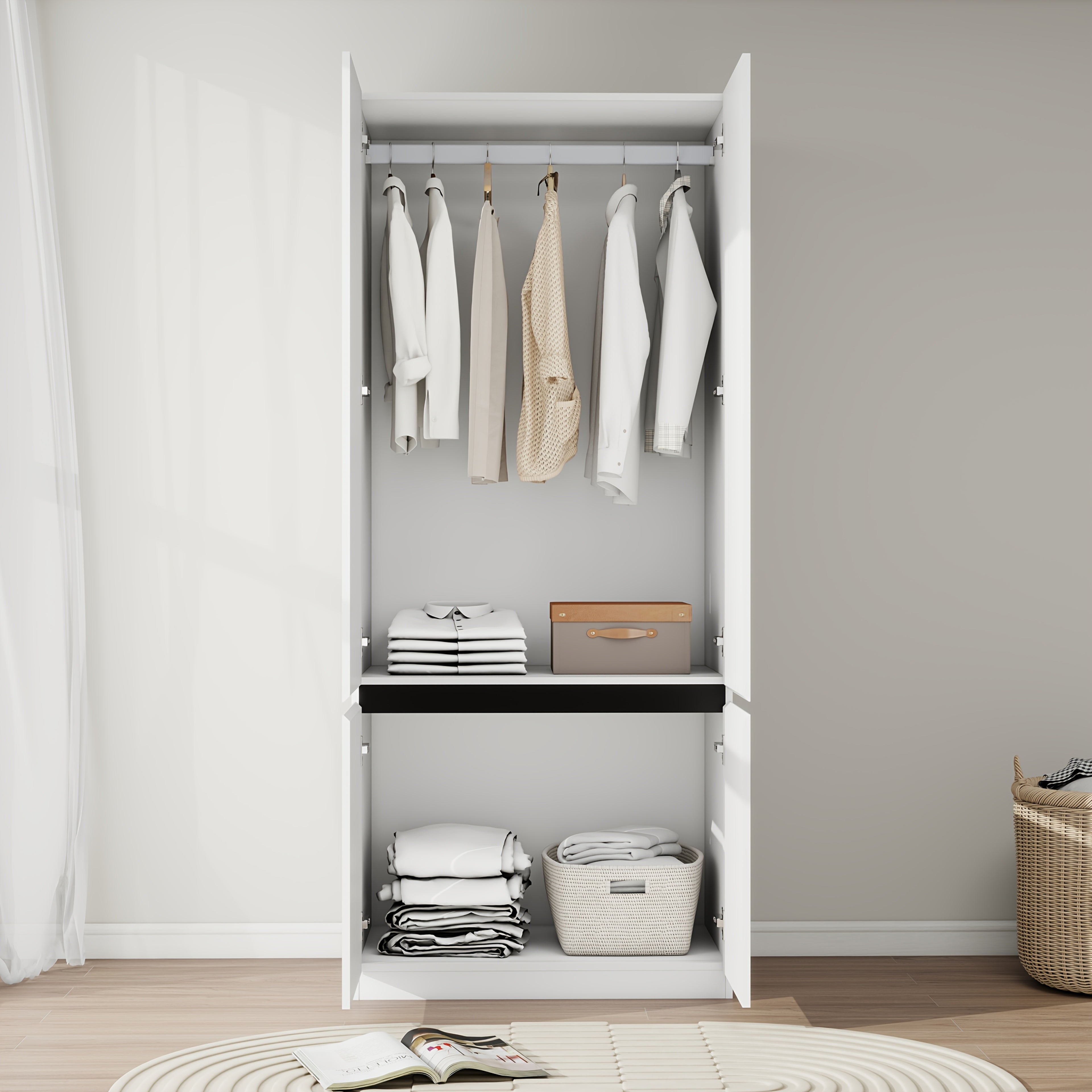 White Armoire Wardrobe Closet With 2 Doors, 75" Bedroom Wardrobe Closet For Hanging Clothes, Modern Wood Cabinet With Shelves, Wardrobe Storage Closet System