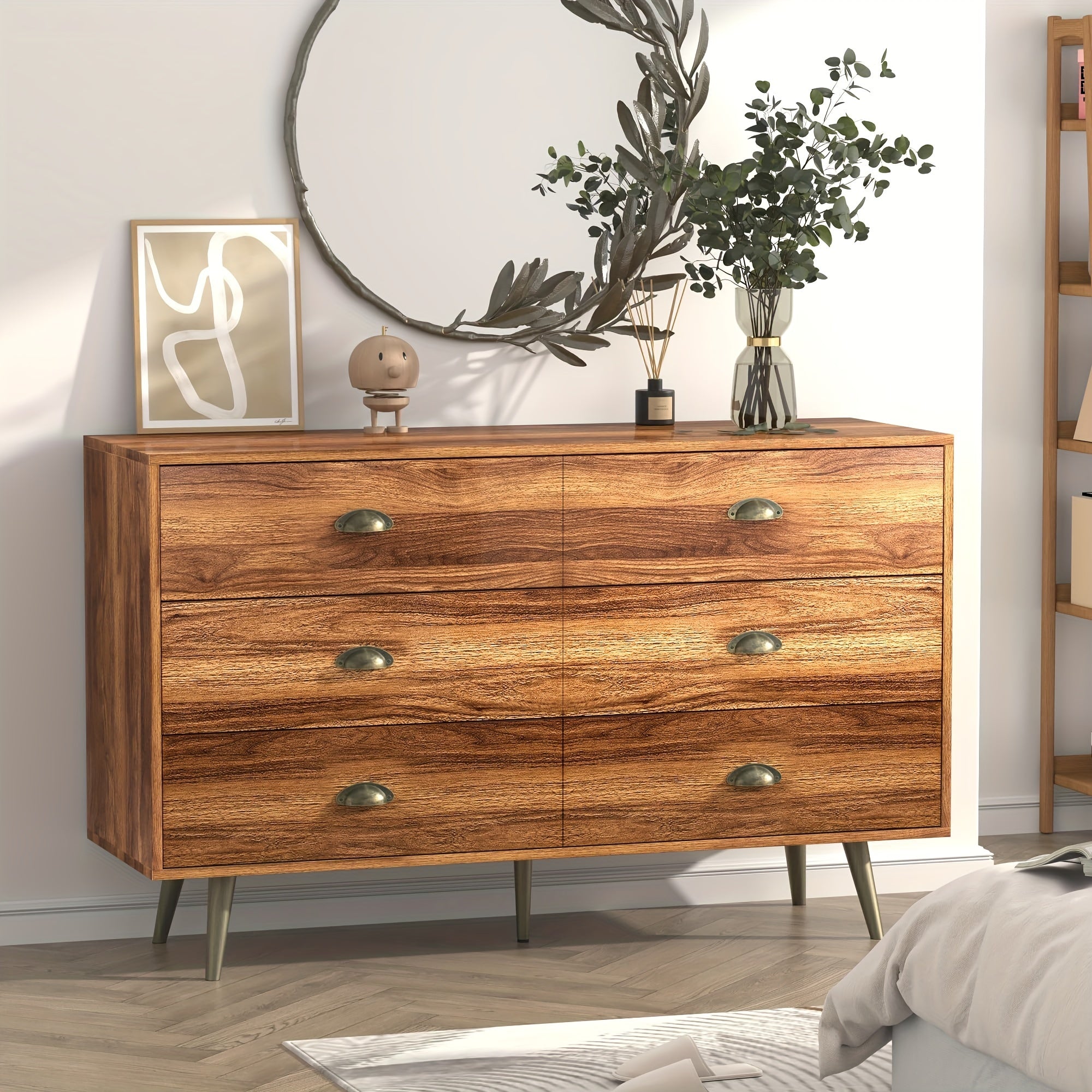 Dresser for Bedroom with 6 Drawers Mid Century Modern Dresser with Gold Handles Wooden Dressers & Chest of Drawers