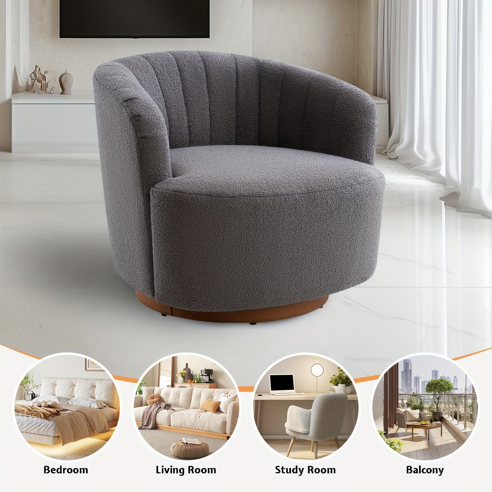 Modern Swivel Accent Barrel Chair - Comfortable 360° Rotating Chair For Lounge & Bedrooms, Boucle Upholstered, Perfect Vanity Or Reading Armchair