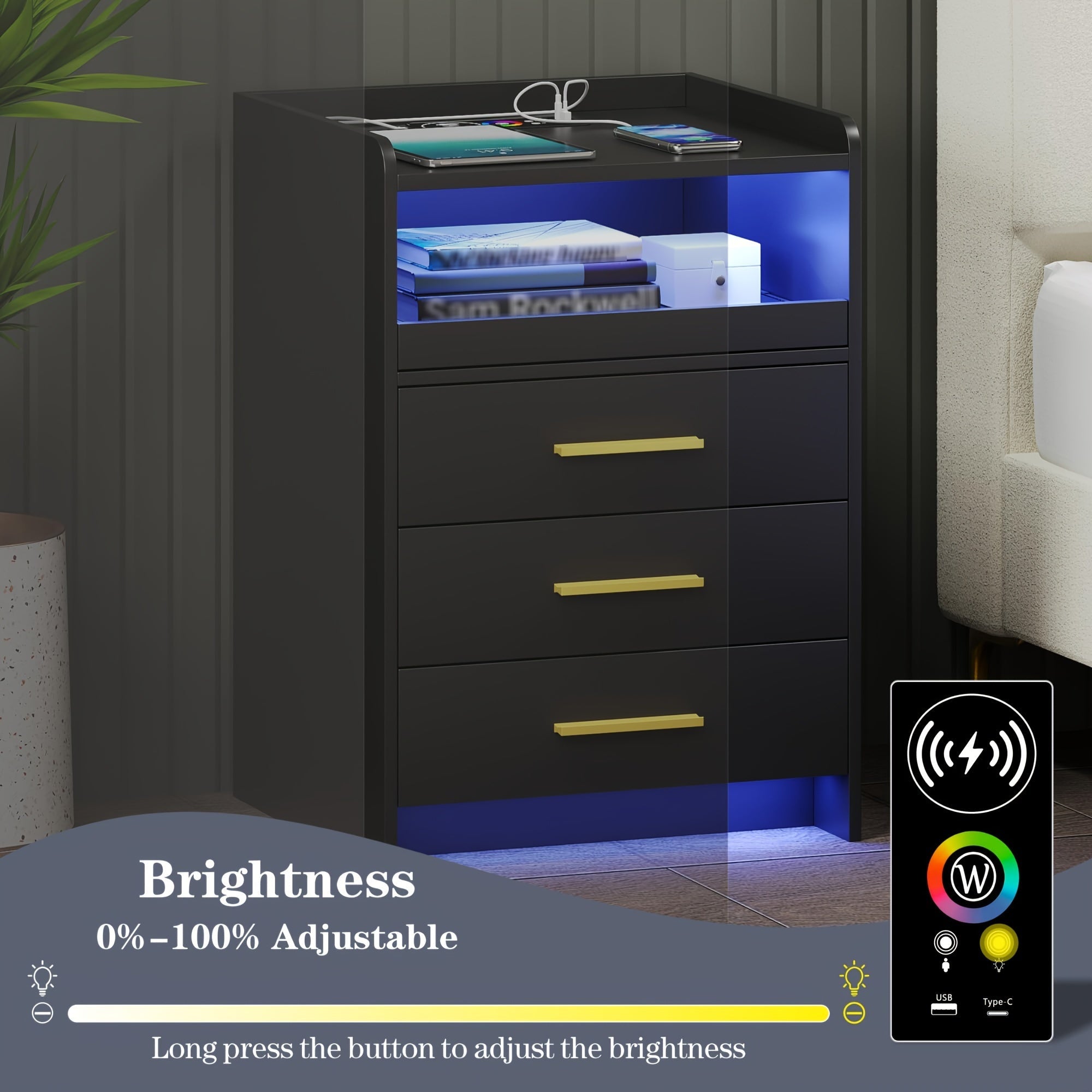 Nightstand With Wireless Charging Station Bedside Table With RGB Light & Human Sensor Design 3 Drawers LED Modern Night Stand End Table For Bedroom Livingroom Office- Black Storage Drawer Units