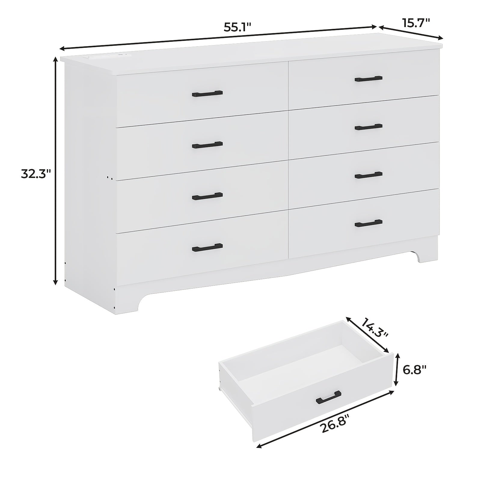 8 Drawer Bedroom Dresser Large Drawer Chest With Charging Station 55.1 Inch Wide Storage Wardrobe Organizer Living Room
