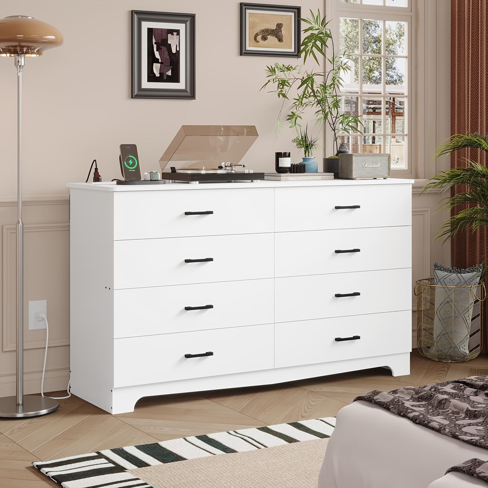 8 Drawer Bedroom Dresser Large Drawer Chest With Charging Station 55.1 Inch Wide Storage Wardrobe Organizer Living Room