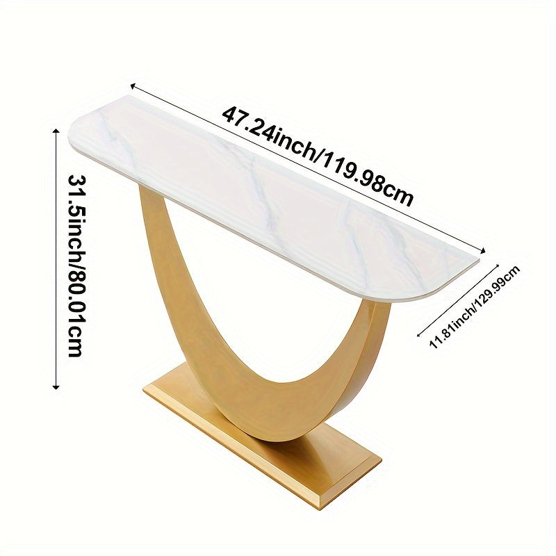 Modern Entryway Table, 47 Inch Sintered Stone Narrow Entrance Sofa Table, Moon Shape Design Decorative Table With Metallic Golden Base, Luxury Entryway Table For Hallway Living Room Bedroom