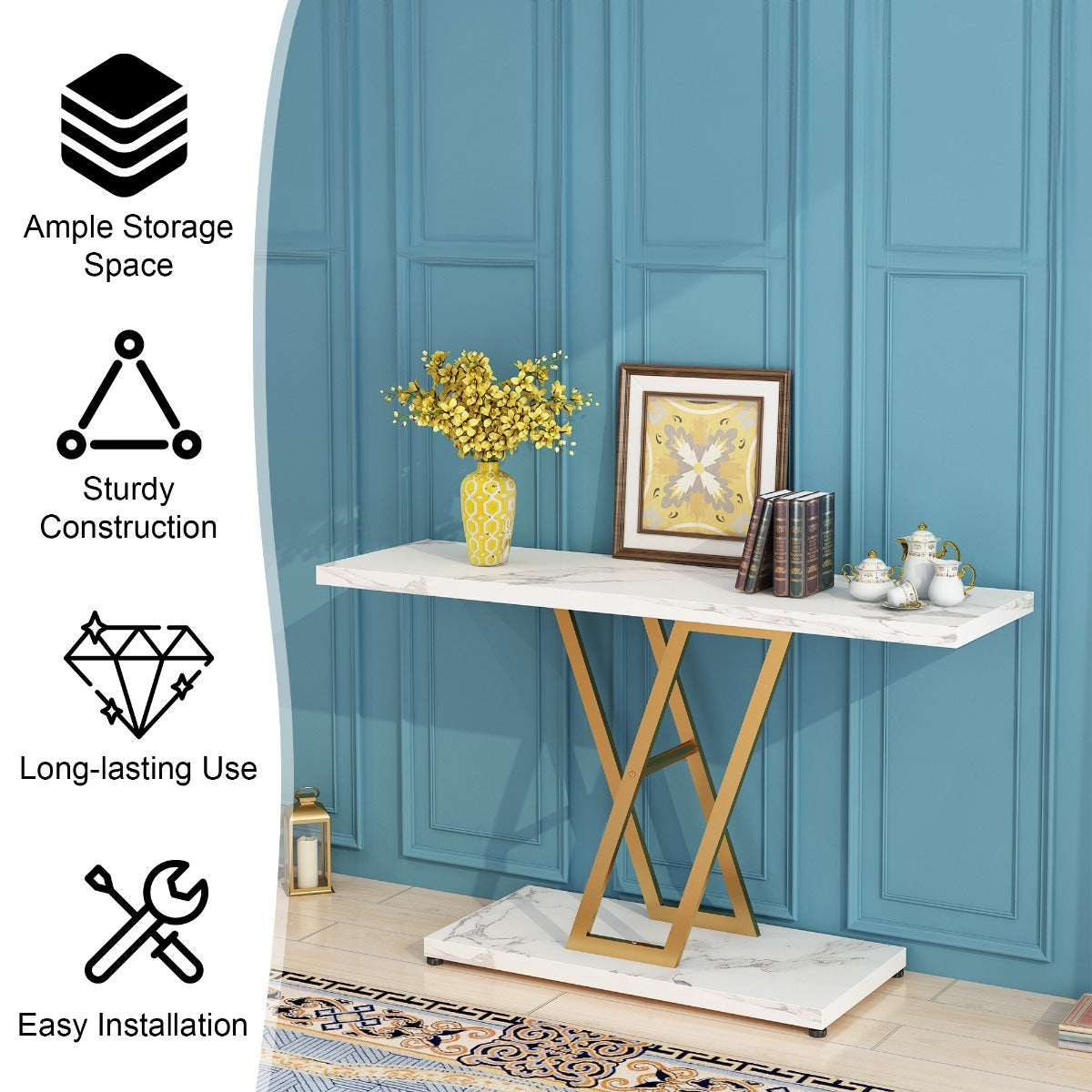 Console Table: 42-Inch Industrial Entryway Table for Living Room - Narrow Sofa Table with Sturdy Metal Frame, Easy Assembly in Elegant Golden/ White - Perfect for Holiday Decor and Creating a Warm, Welcoming Entrance This Sea