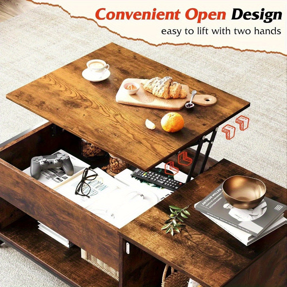 1pc Lift Top Coffee Table with Storage Cabinet, Wood Coffee Table for Living Room, Retro Center Table with Lifting Top, Hidden Compartment And Open Shelf for Home, Office