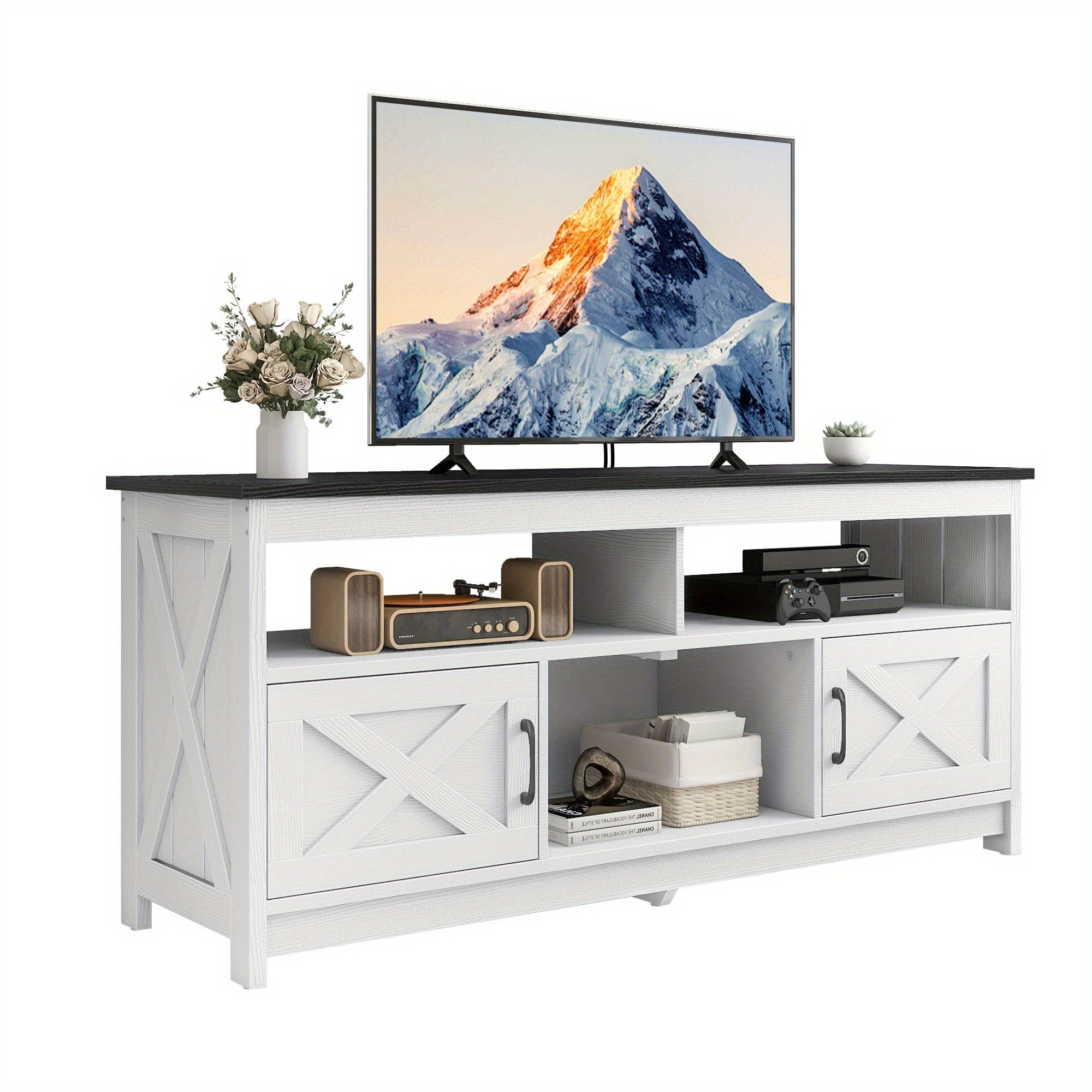 Black and White TV Stand Media Console TV Cabinet with Power Outlets for 55/ 65 Inch TV For Thanksgiving Christmas Day Gift