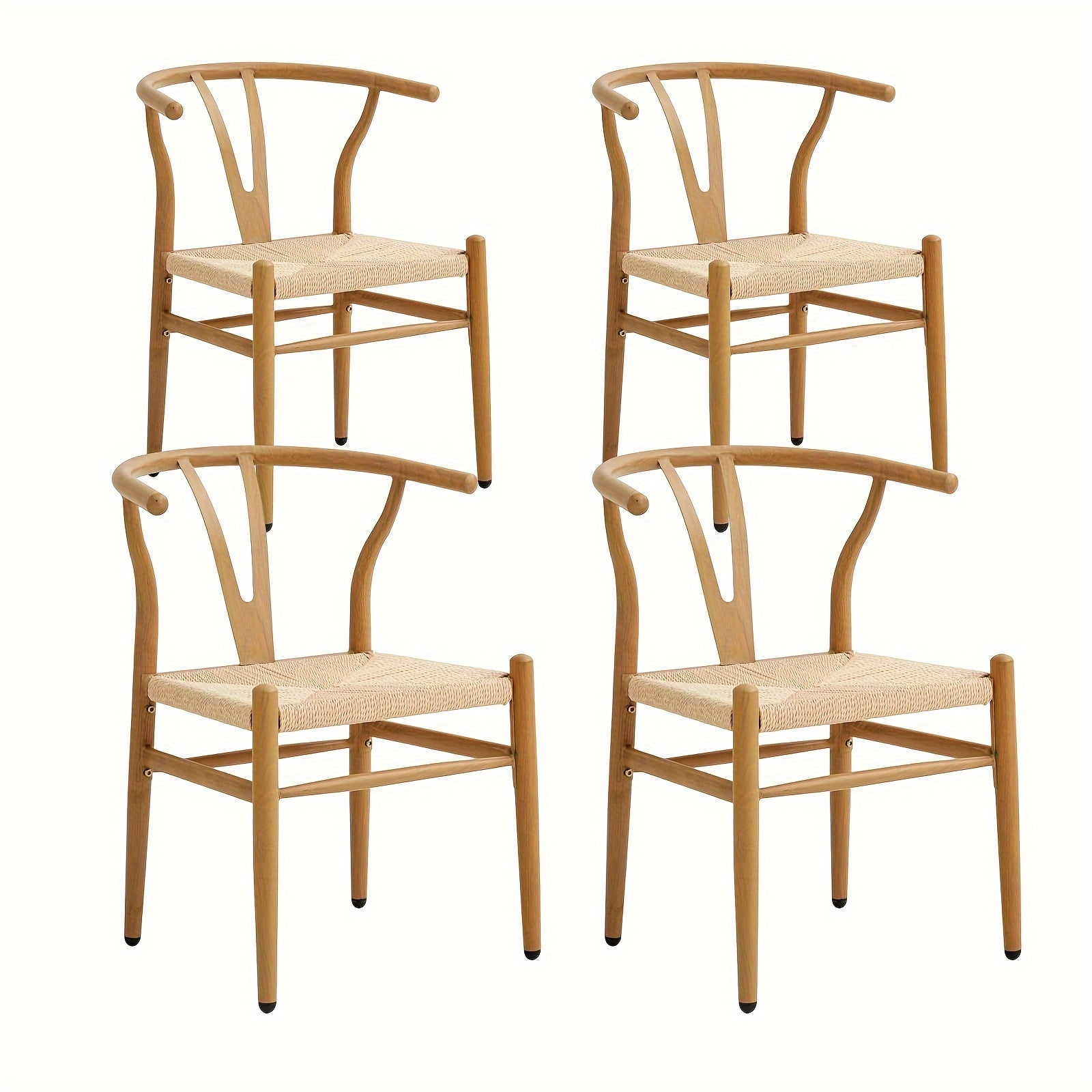 4pcs Set Mid-Century Modern Wishbone Dining Chairs - Rattan Weave with Bone Cane Back, Natural Finish, Sturdy Metal Frame for Kitchen, Living Room & Outdoor Use