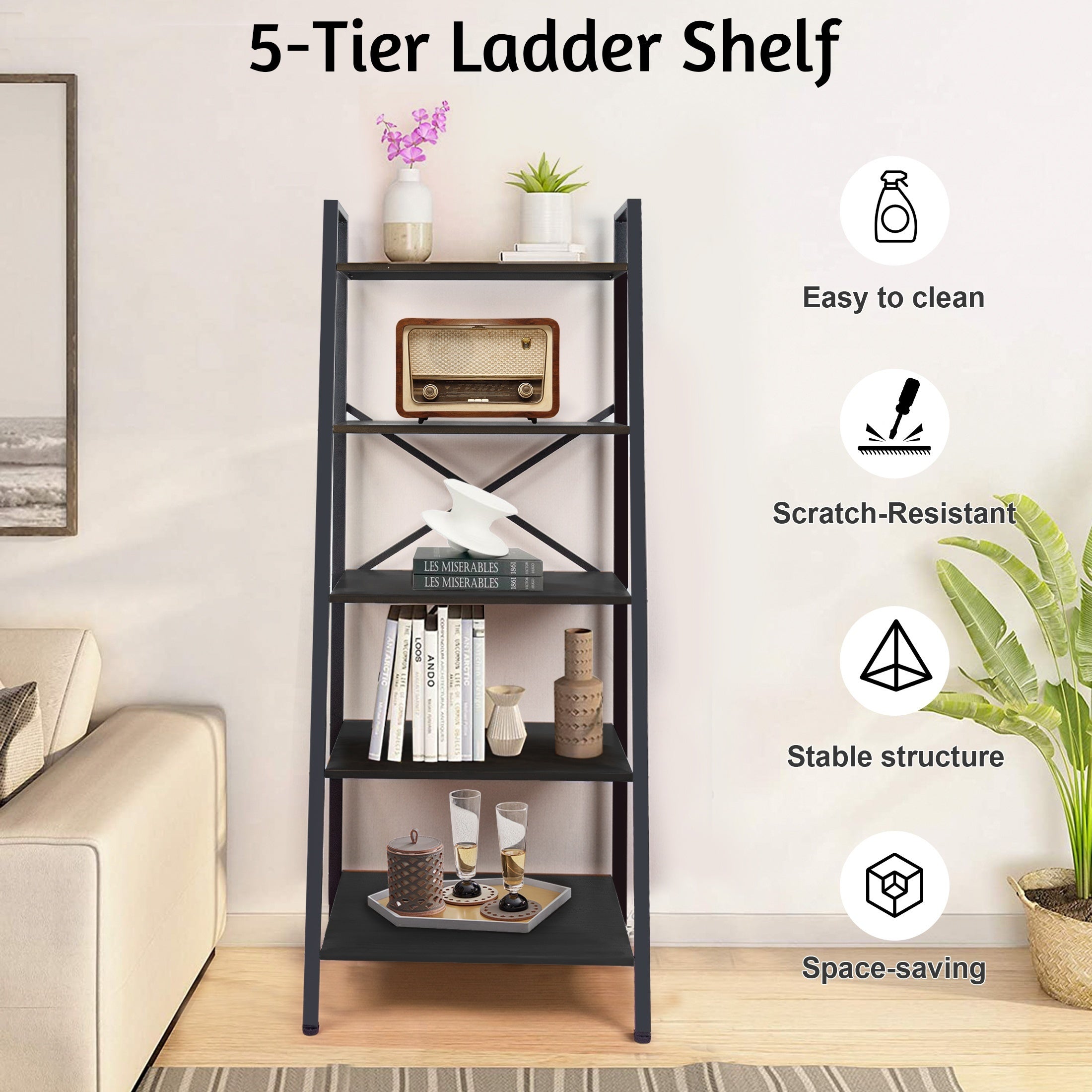 Ladder Shelf 5-Tier Free Standing Bookshelf With Adjustable Feet Metal Bookcase For Kitchen Bathroom Garage Small