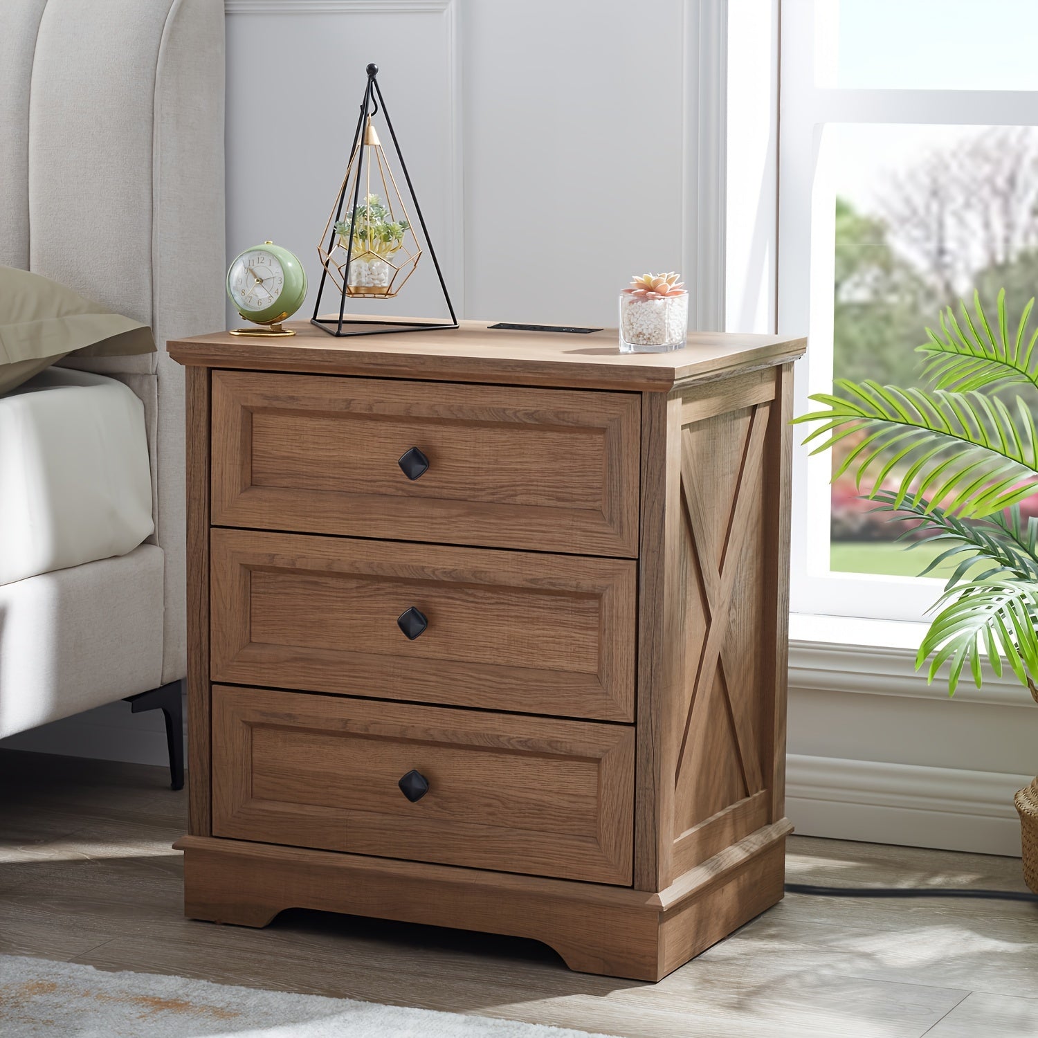 Dresser for Bedroom with 3 Drawers, Modern Dresser with Charging Station Small Chest of Drawers, Wood Storage Organizer Dresser, End Table/Nightstand for Living Room, Hallway, Natural Oak