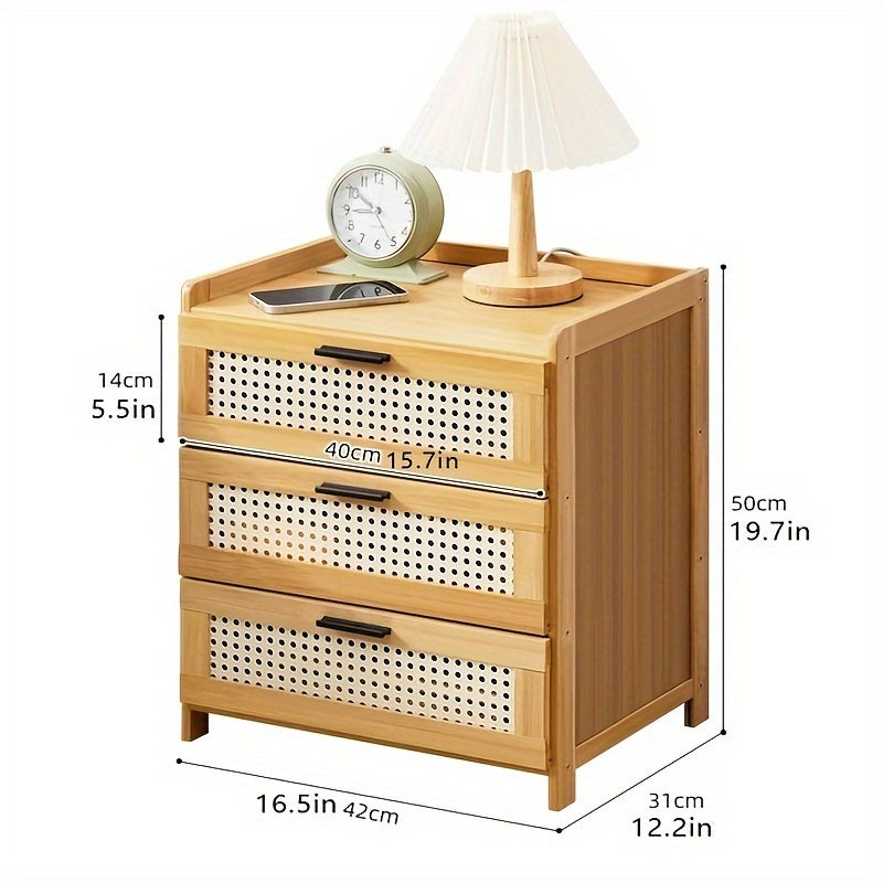 1pc Bamboo Bedside Table with 3 Rattan-Like Drawers - Multifunctional Rectangular Nightstand for Bedroom Storage, Non-Waterproof Side Table for Small Spaces, Box,Cabinet,Rack for Outdoor Storage