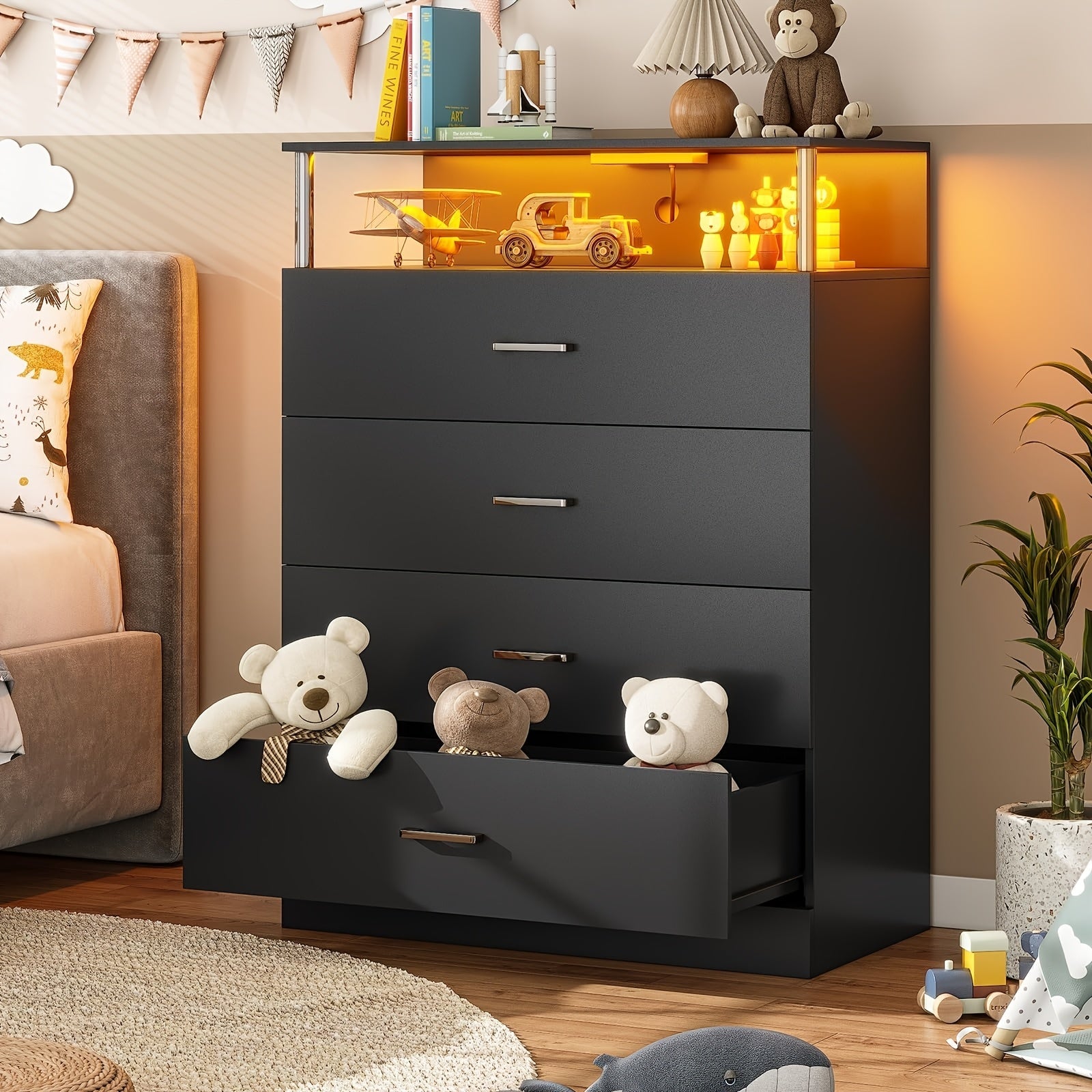 Modern Black LED Bedroom Dresser with 4 Drawers & Storage Shelves - Sleek Column Design, Plug-In Powered