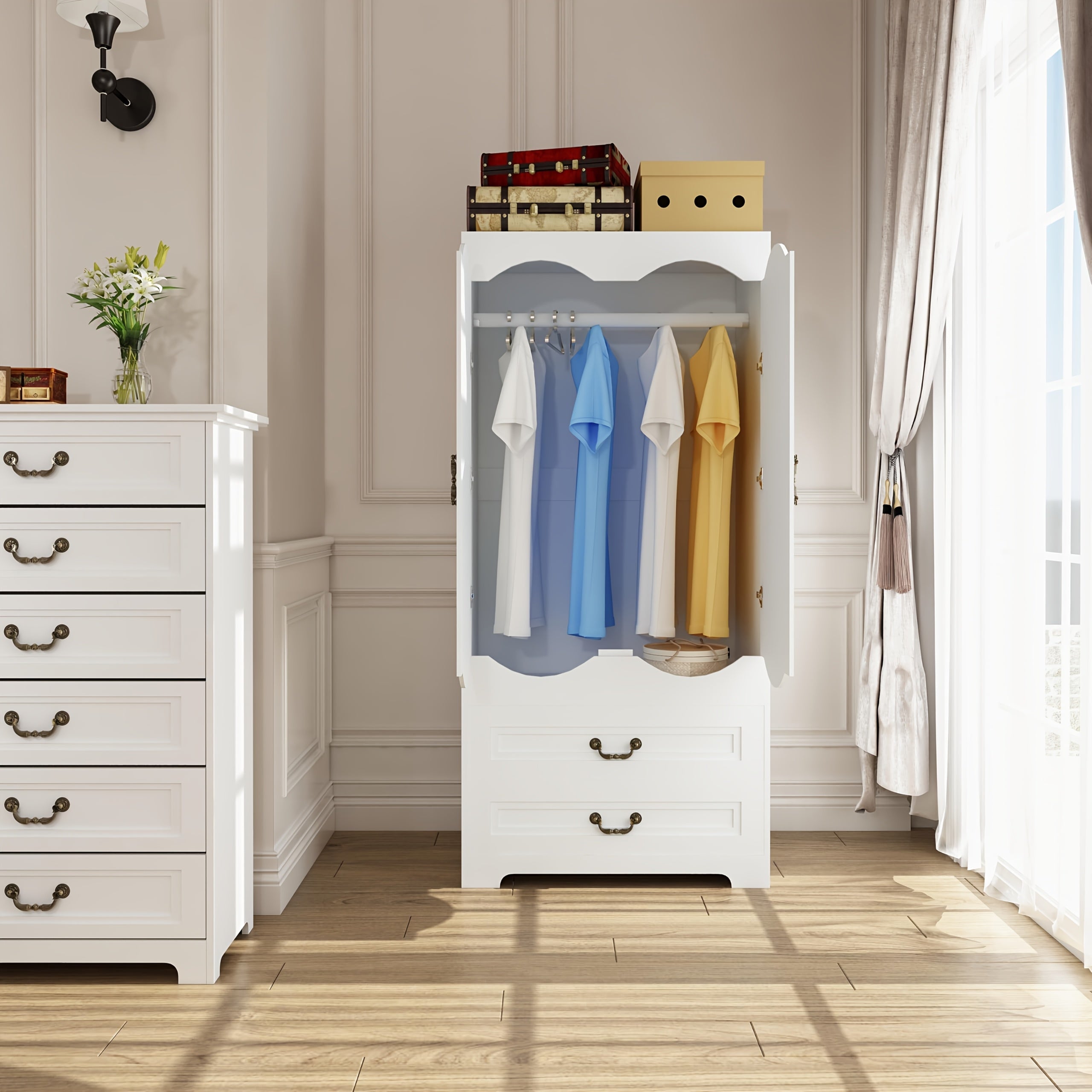 Armoire Wardrobe Closet With 2 Drawers, Easy-to-assemble Tall Wooden Wardrobe Closet With 2 Doors And Hanging Rail, Free Standing White Armoire For Bedroom