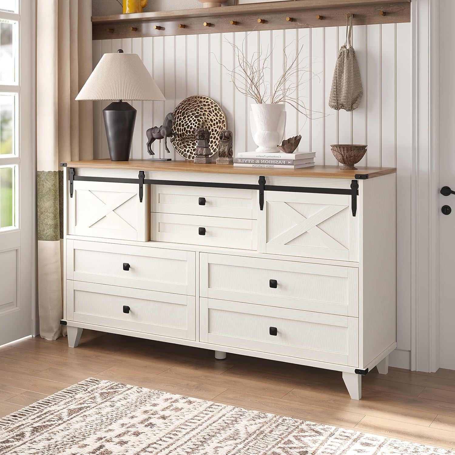 Charming Farmhouse 6-Drawer Dresser with Sliding Barn Doors - Versatile White Chest of Drawers with X-Shaped Metal Frame, Ideal for Bedroom or Living Room Storage, Easy Assembly