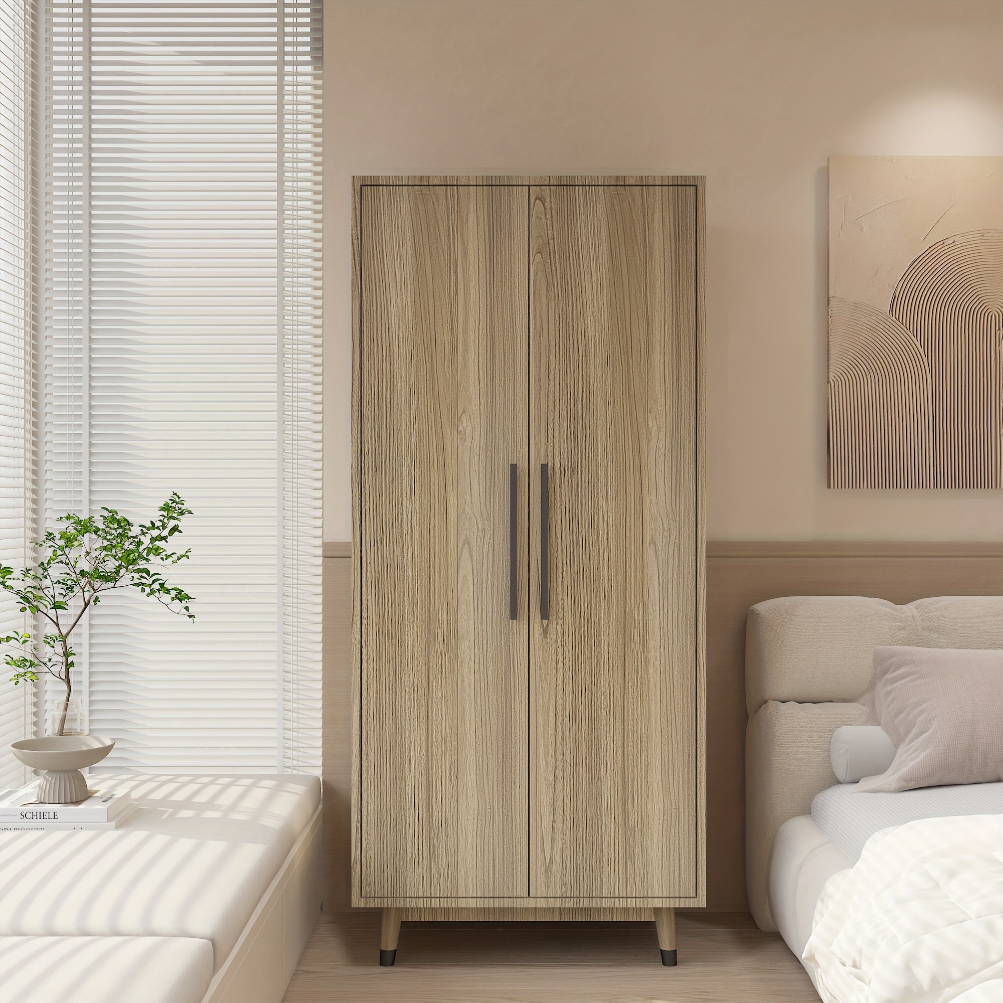 2 Door Armoire Wardrobe Bedroom Closet With 5 Storage Compartments And Hanging Rod For Bedroom