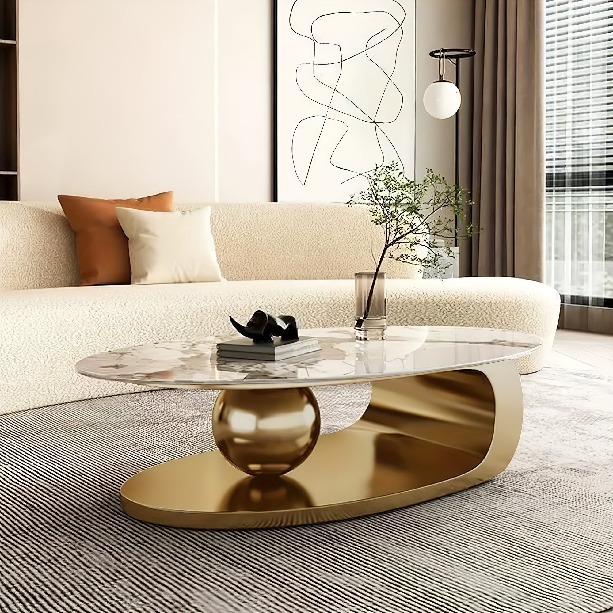 Marble Oval Coffee Table, Dining Table Dual-purpose Living Room 15.75inch High Coffee Table, Simple Small House Marble Golden Stainless Steel Metal Base, Coffee Table, Coffee Seat, Sent In Two Packs