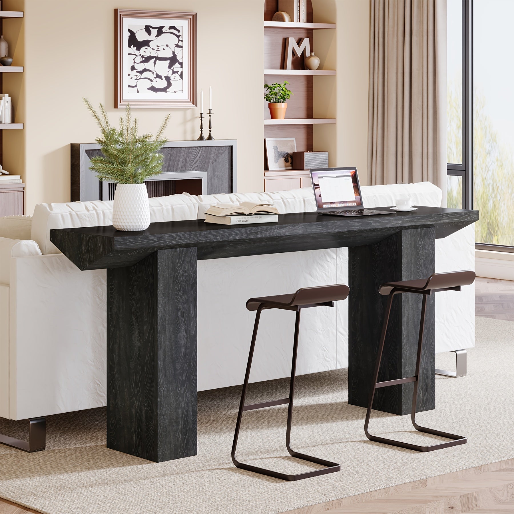 Elegant 62.99" Long Farmhouse Console Table - Stain-Resistant MDF, Black Sofa Table with Inverted Triangle Design, Ideal for Entryway, Hallway, Living Room - Durable & Easy to Assemble