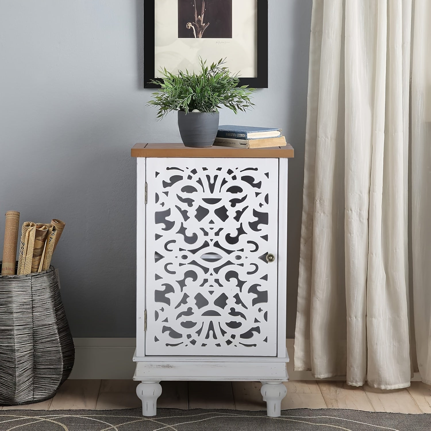 Mix Patio Accent Cabinet Small With Single Door, 31.5" Tall Side End Table, Distressed Nightstand With Wooden Frame And Hollow Carved Door, Blue/White, 1-Door