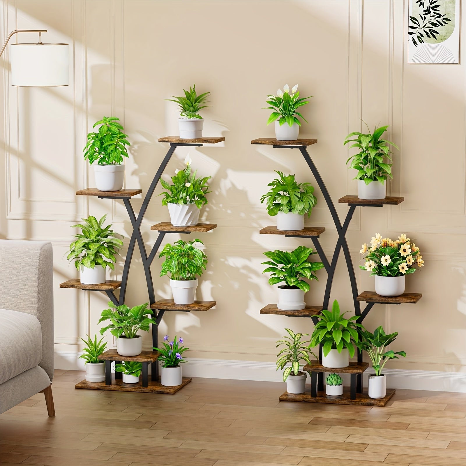 Plant Stand Indoor With Grow Lights - 7 Tiered Plant Shelf Indoor, Multi Functional Display Stand With Thickened Wooden Boards, Corner Plant Stands For Plants Multiple, 42" Metal Corner Shelves, Plant Flower Holder Display Ra