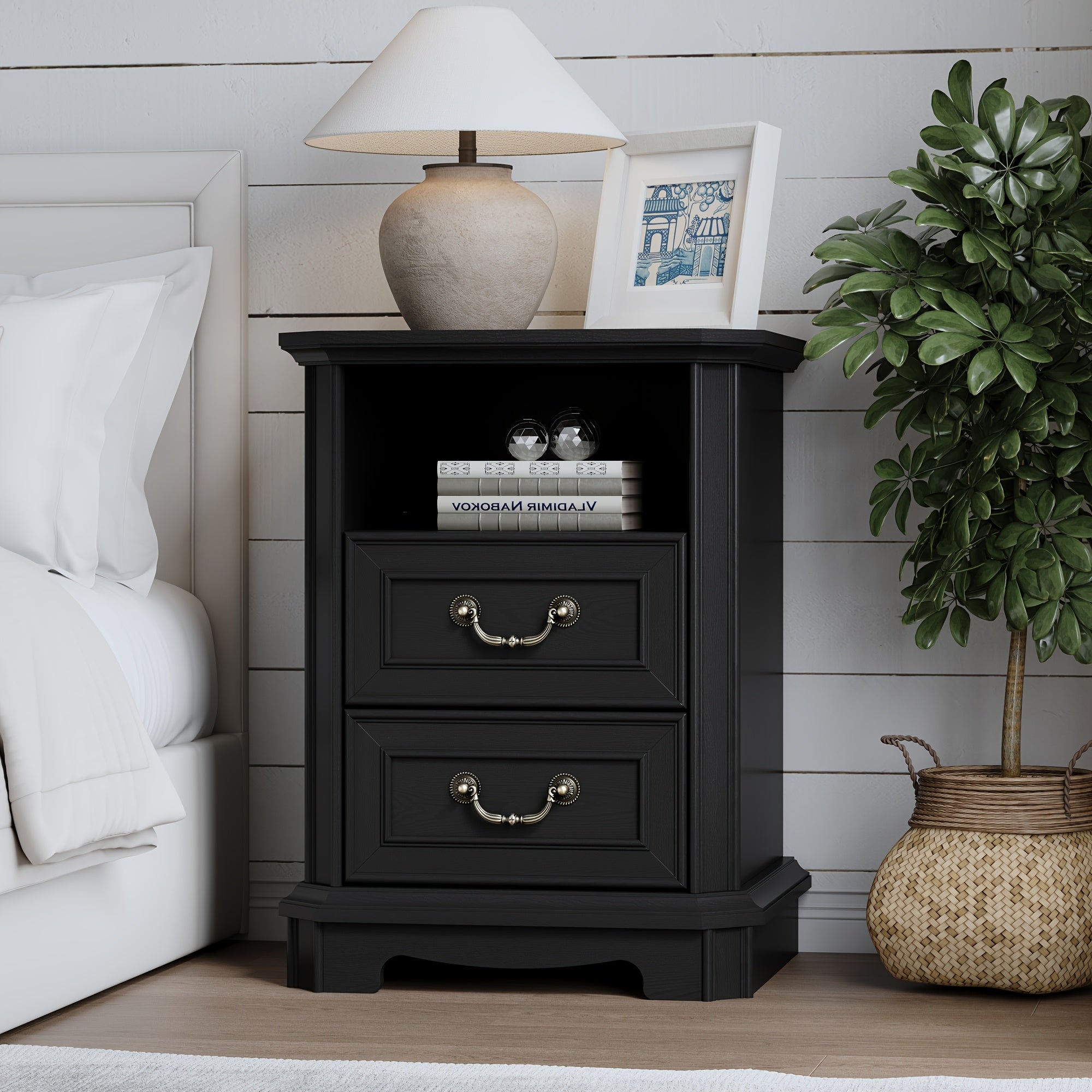 Farmhouse Nightstand with Charging Station, 18" Rustic Night Stand with 2 Storage Drawers, Wood End Table for Bedroom, Living Room