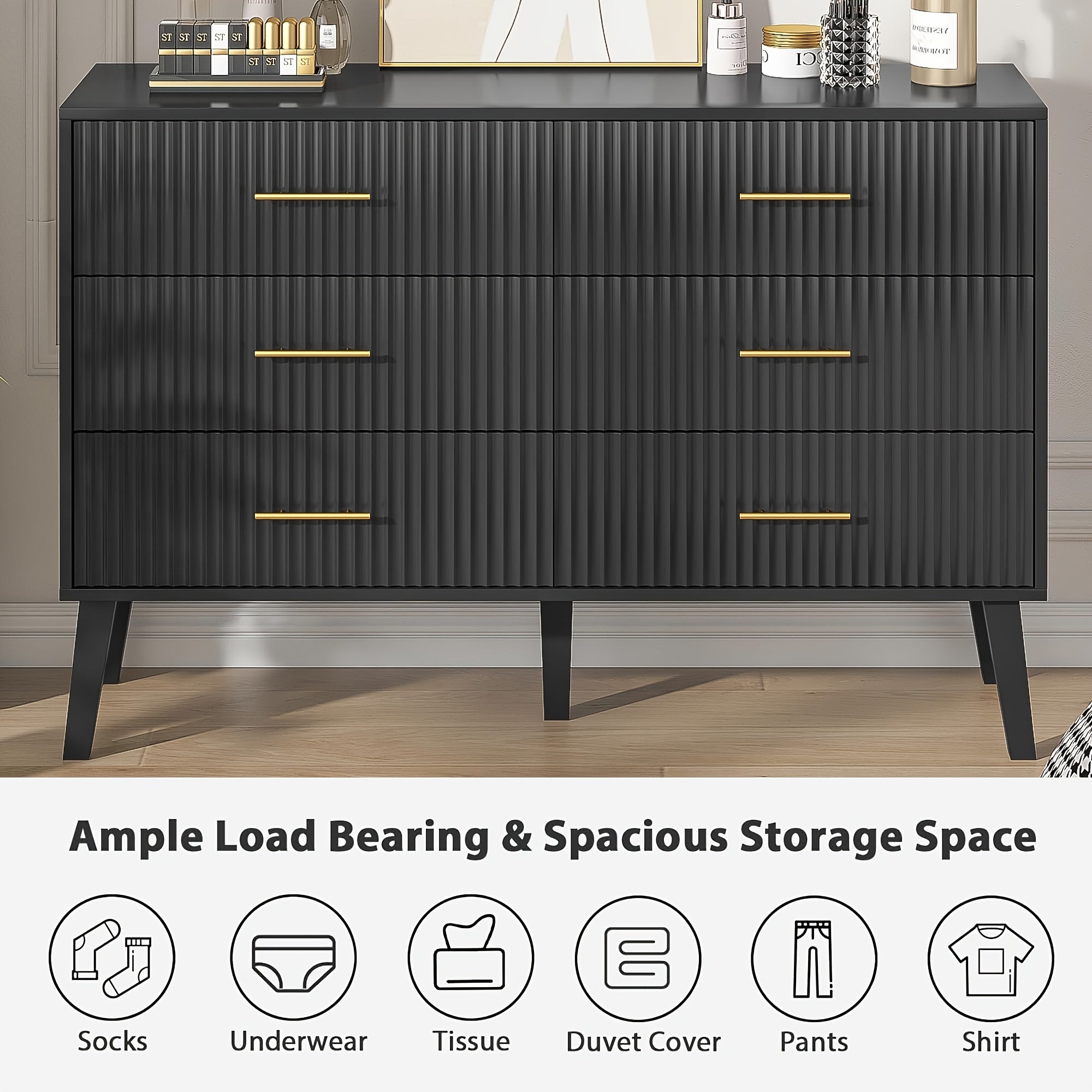 6 Drawer Accent Dresser, Modern Closet Dressers Chest Of Drawers With Fluted Panel, Suitable For Living Room, Bedroom, Nursery, Entryway And Hallway