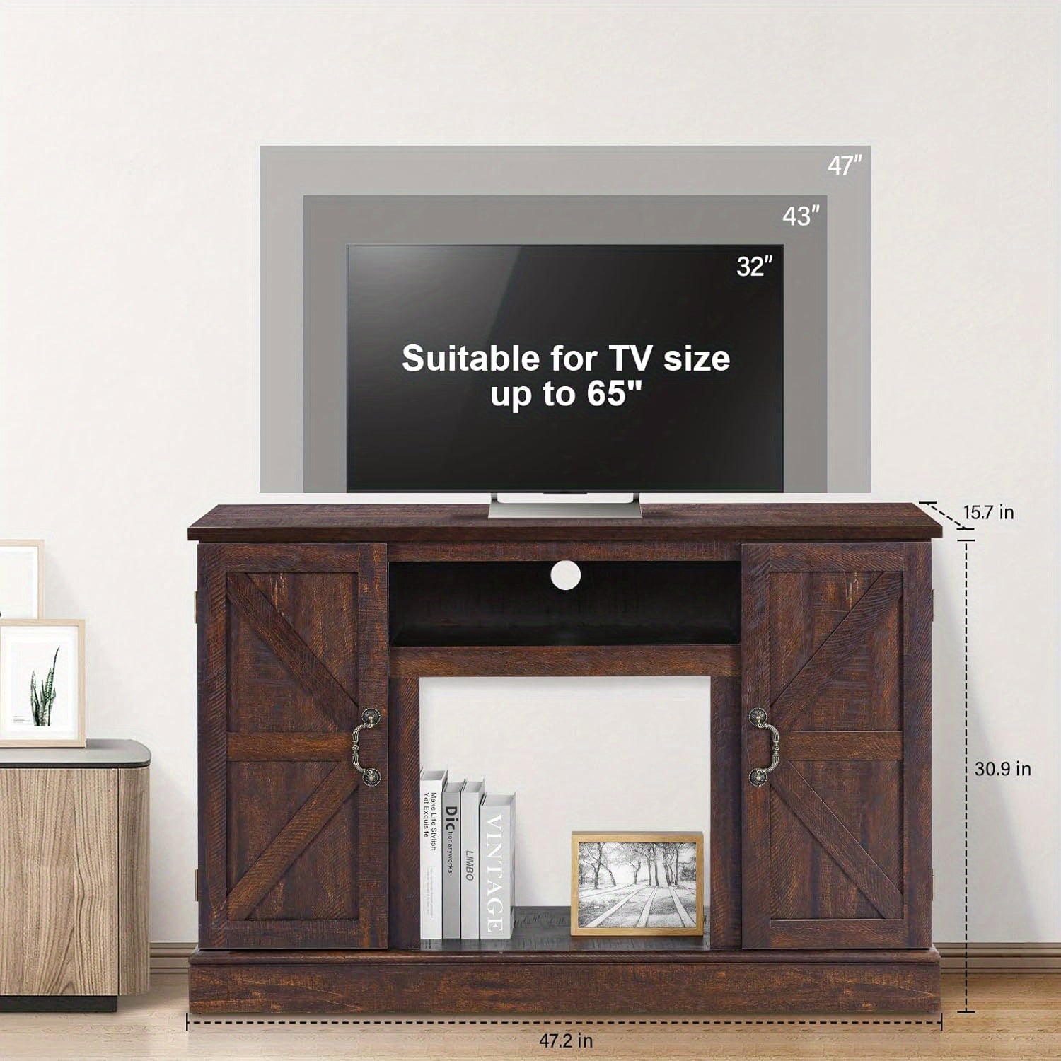 47" TV Stand Suitable For TV Size up to 65", Entertainment Center with Two Barn Doors and Storage Cabinet, Media TV Console Table for Living Room