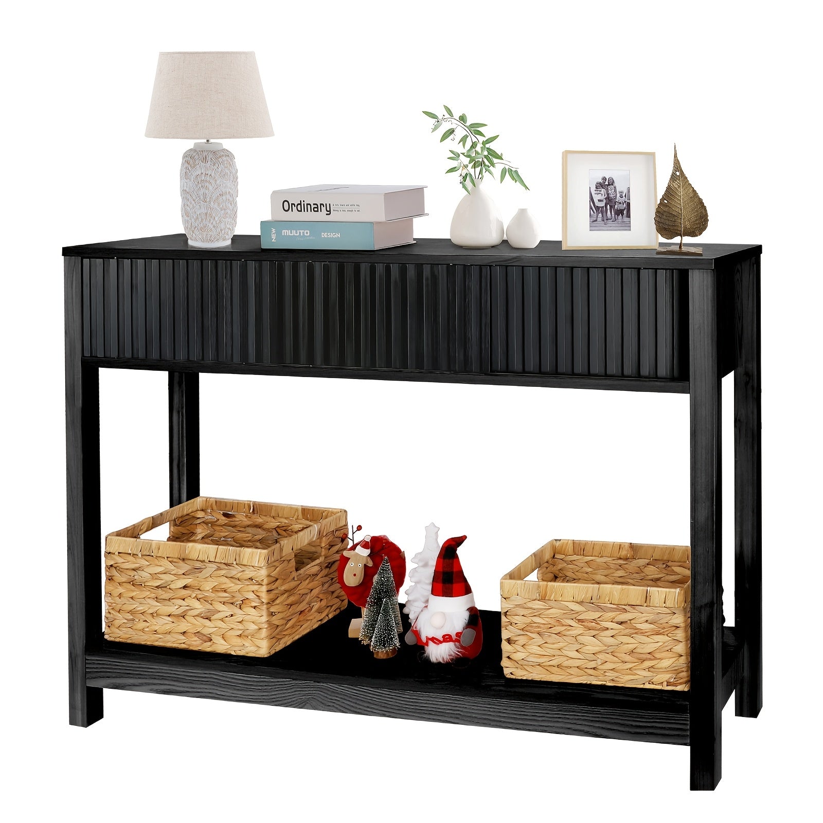 Long Console Table with Storage, Fluted Entryway Table, Slim Sofa Table Behind Couch Entry Table, Narrow Wood Hallway Table, Modern Living Room Couch Table, Black Foyer Entrance Table