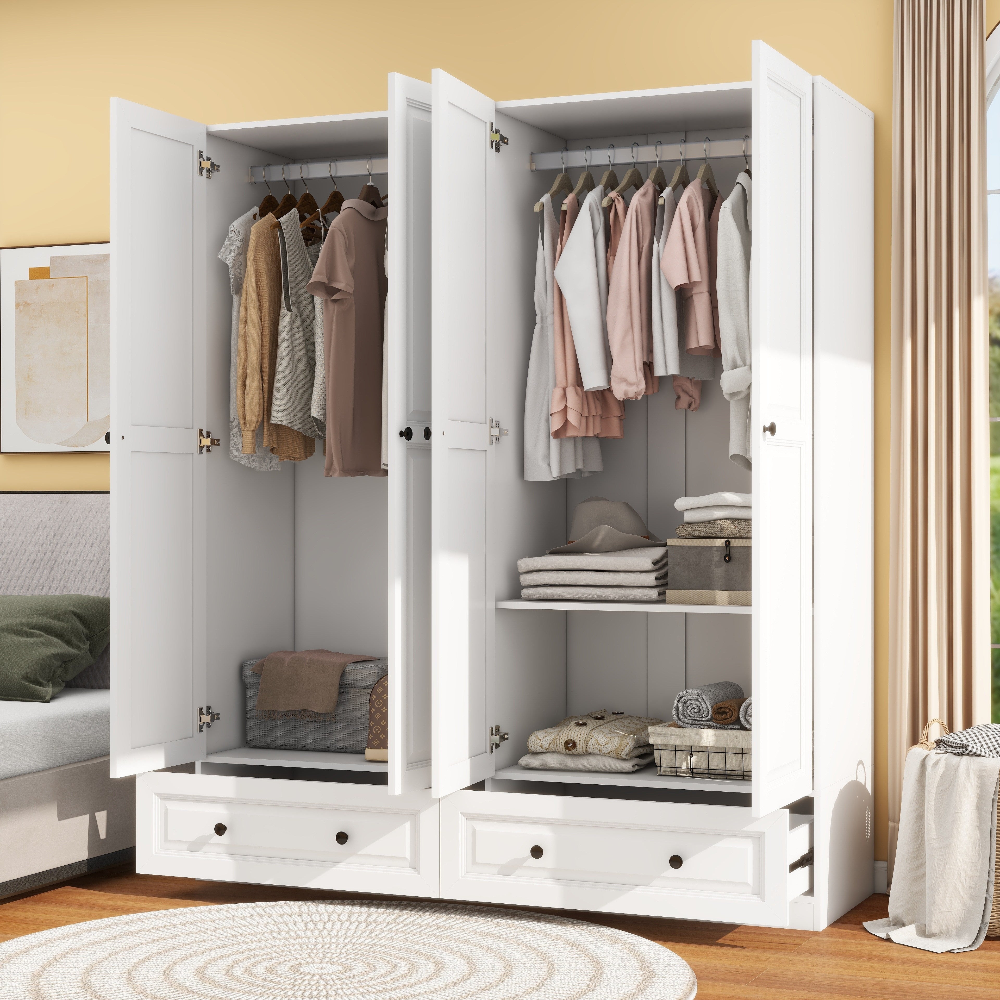 White Armoire Wardrobe Closet With 4 Drawers, 74" Bedroom Wardrobe Closet For Hanging Clothes, Wood Cabinet For Clothes With 4 Doors, Armoire With Shelves