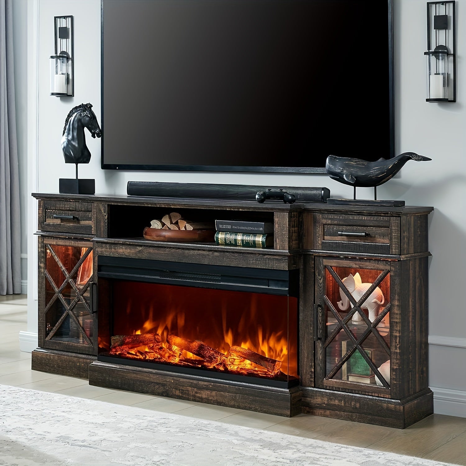 3-Sided Glass Farmhouse Fireplace TV Stand For TVs Up To 80'', Highboy Entertainment Center With Glass Door Storage Cabinet, 70'' Large TV Stands With 36'' Electric Fireplace