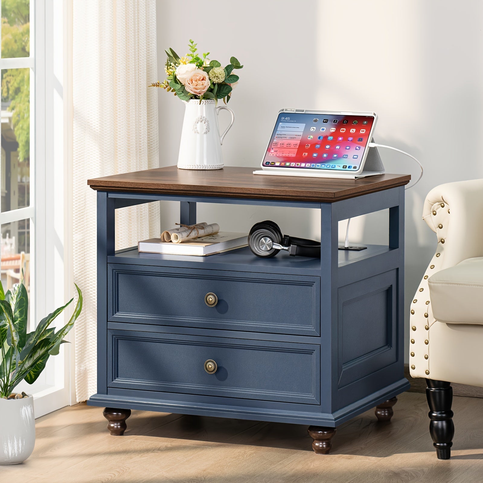 Farmhouse Nightstand With Charging Station, 23.6" Wide End Table With 2 Drawers, Blue Dresser For Bedroom, Bed Side Table Chest Of Drawers Cabinet, Wood Night Stand For Living Room, Closet