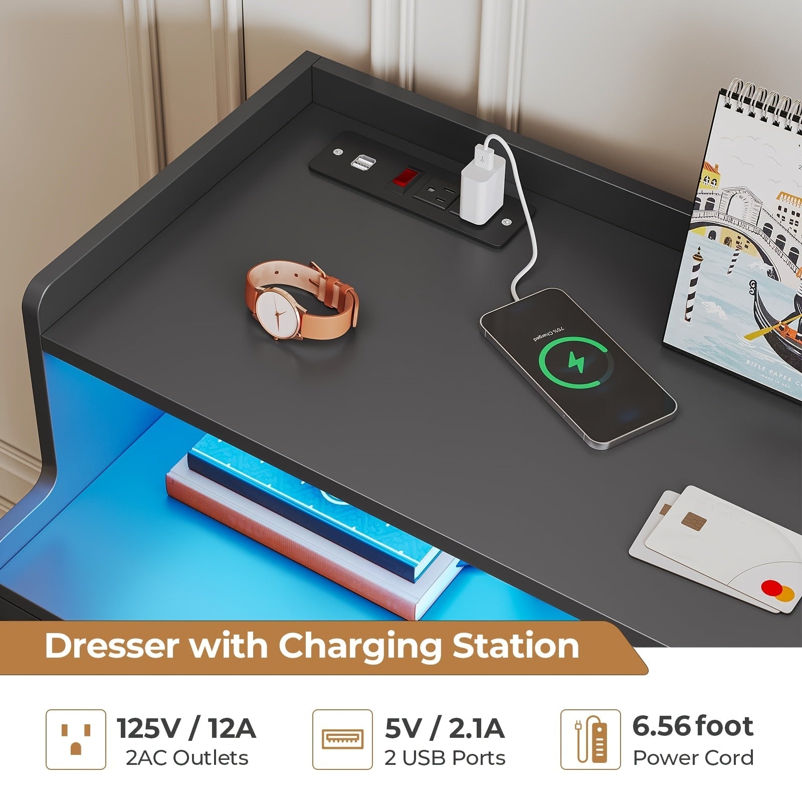 Bedroom Dresser With Charging Station LED Dresser With 8 Large Storage Drawers Chest Of Drawers Storage Organizer Large