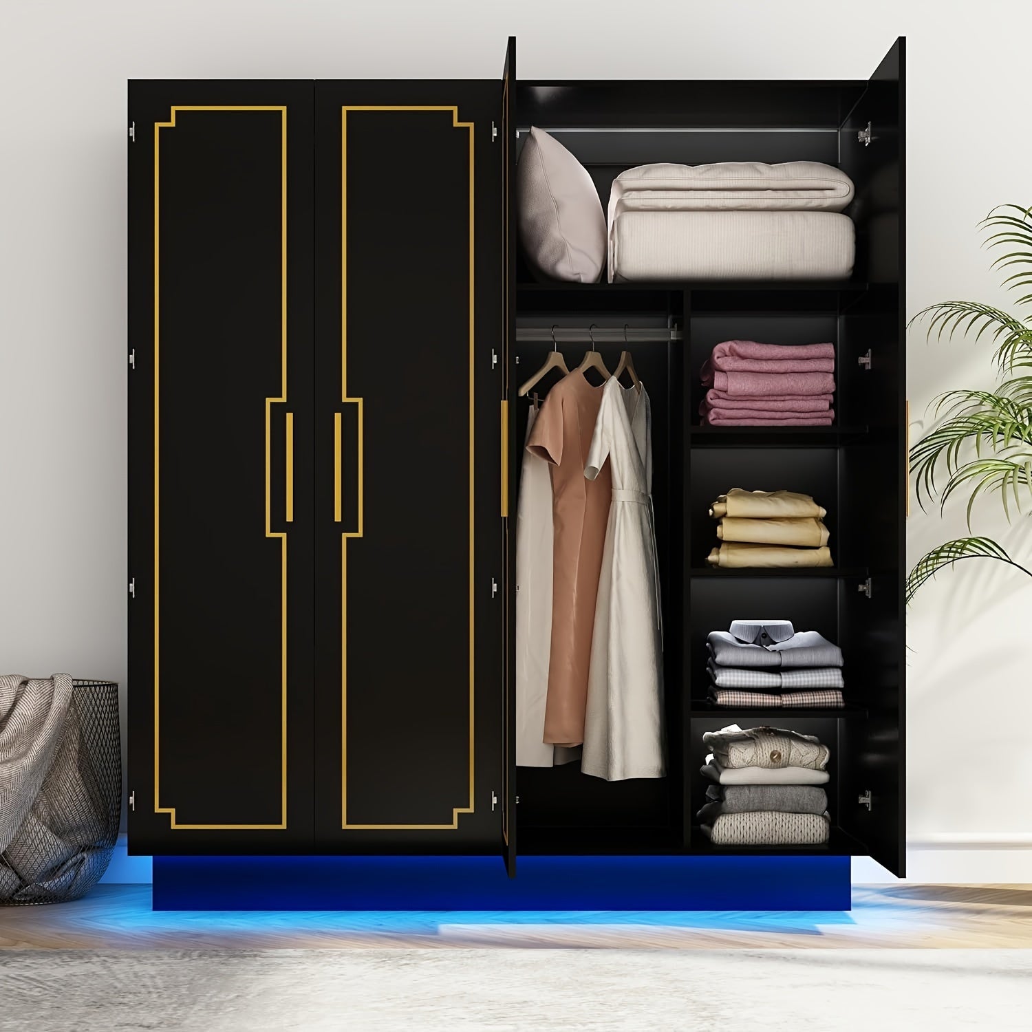 70in LED 4 Doors Armoires Wardrobe Closet&Cabinet With Metal Hanging Rod, Freestanding Bedroom White Tall Armoires With RGB LED 60000-color Lights For Bedroom Office Clothes Organizer Freestanding Bedroom Black Tall Armoires