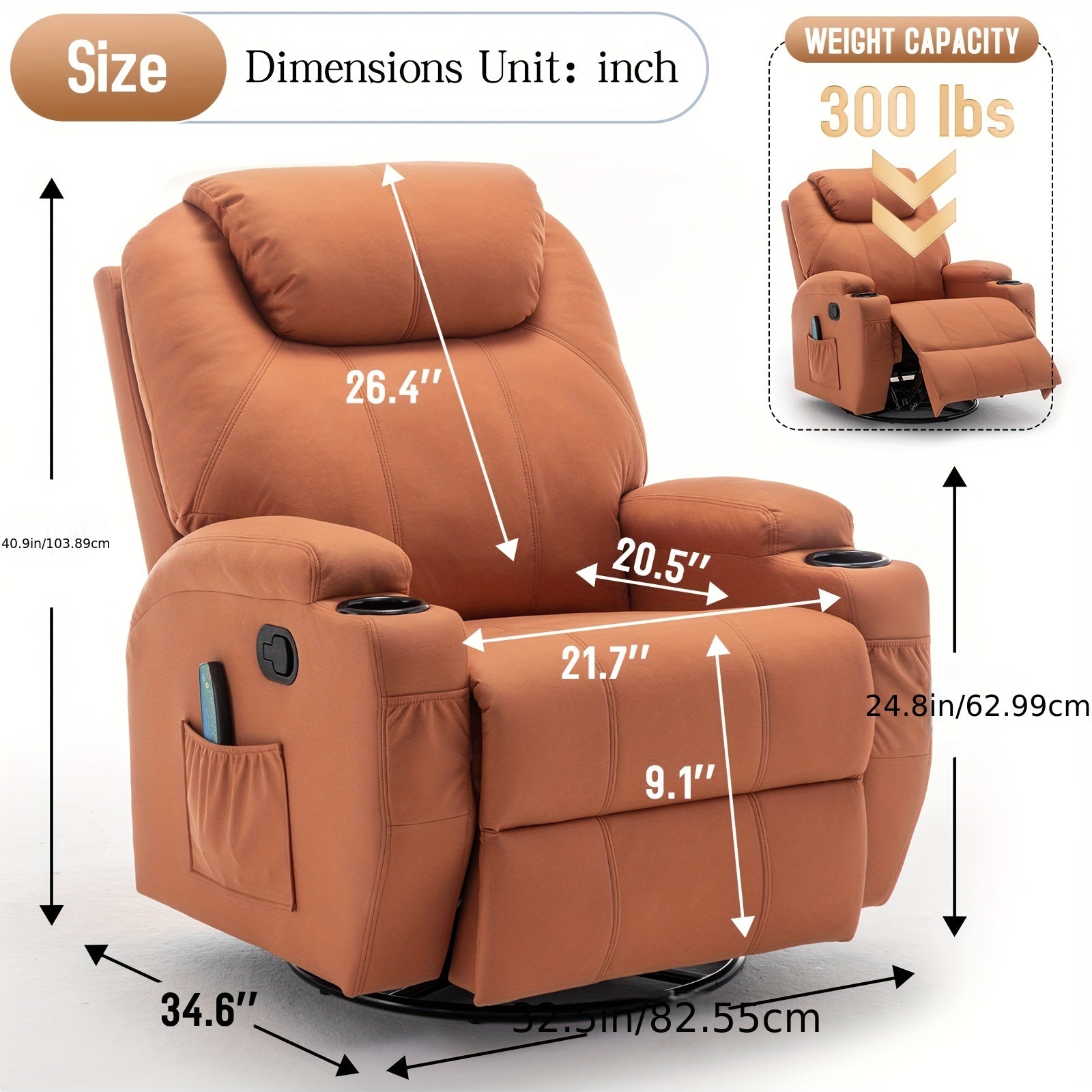 Recliner Chair, Rocking Chair With Massage And Heat, 360° Swivel Recliner Chairs For Adults, Rocker Manual Recliner With Remote Control And Cup Holder For Living Room