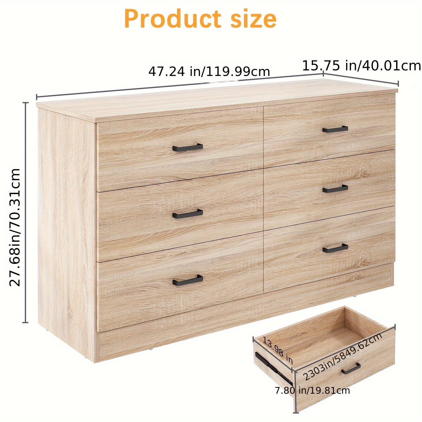 Wood Dresser for Bedroom, 6 Drawer Dresser with Metal Handles, 15.8" D x 47.2" W x 27.7" H, Light Oak