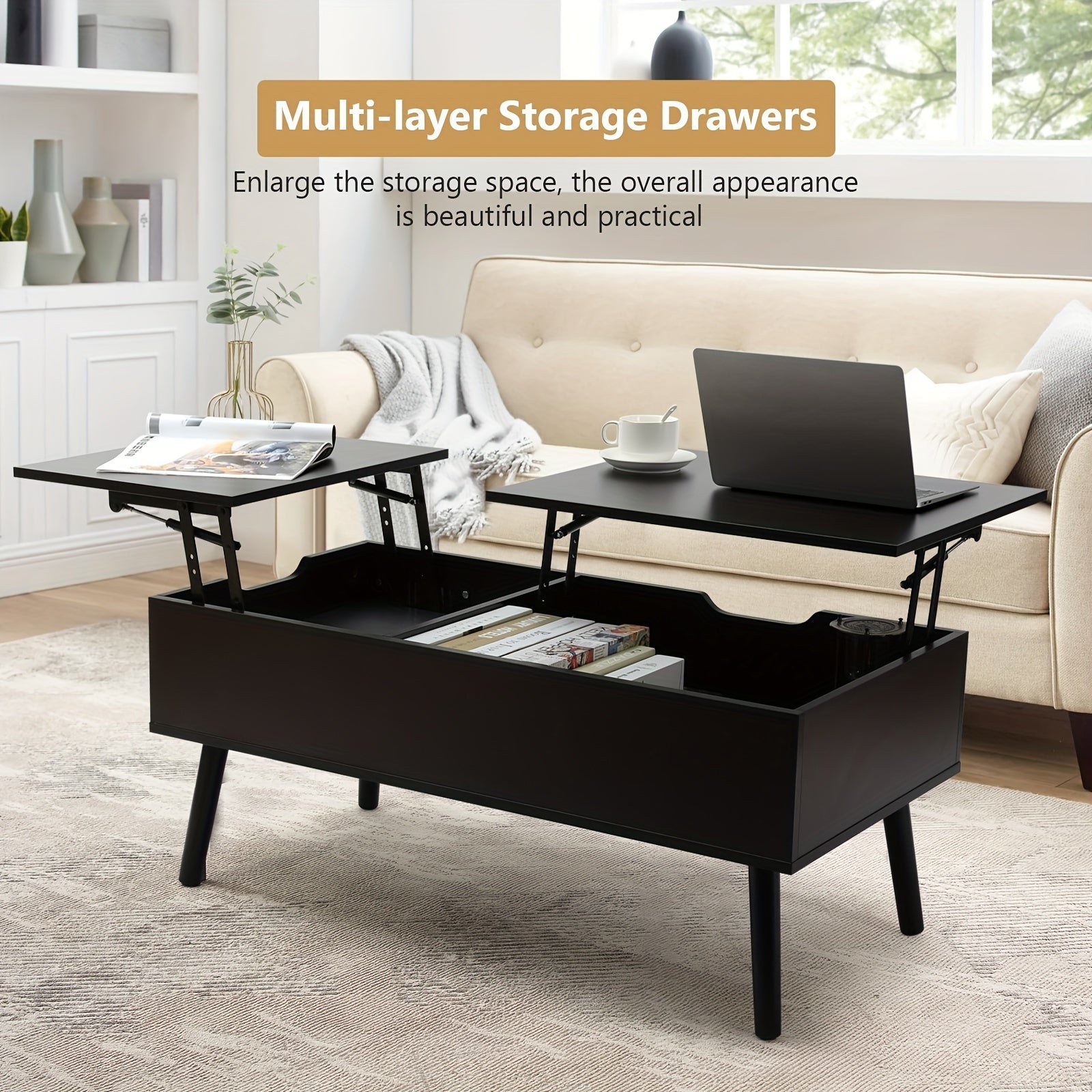 99cm Coffee Table With Double Lifting Tob, Hidden Storage Compartment