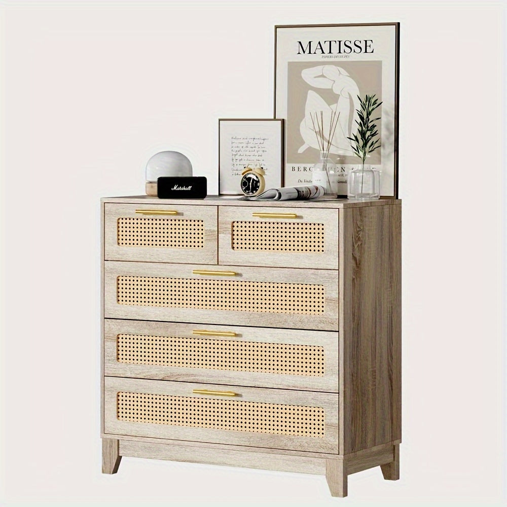 5 Drawer Chest Dresser Rattan 5 Chest Of Drawers For Bedroom Wood Storage Cabinet With Metal Handles For Living Room