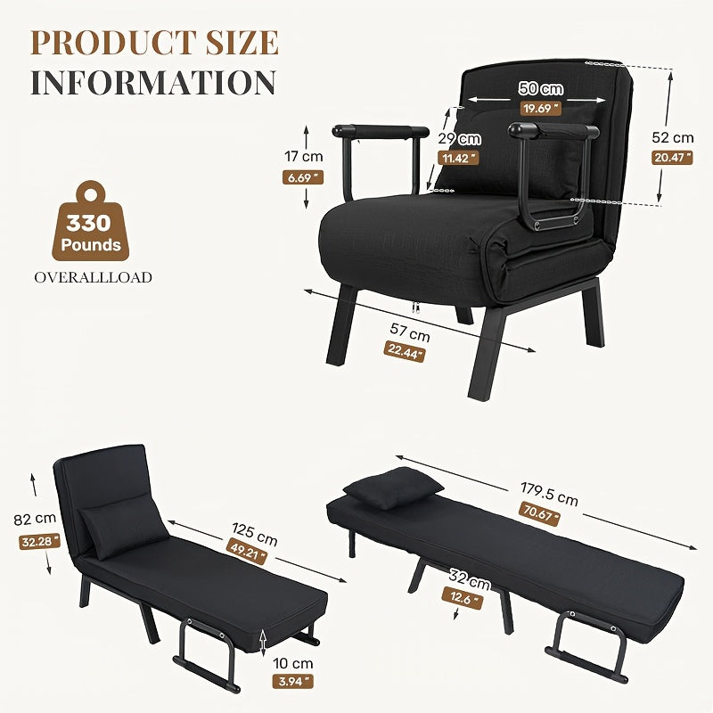 Cozy Black Convertible Recliner Sofa Bed with Pillow - Foldable Single Armchair, Iron Frame, Sponge Filled for Ultimate Comfort, Manual Recline Mechanism, Ideal for Home Office & Holiday Relaxation, Futon Sofa Bed