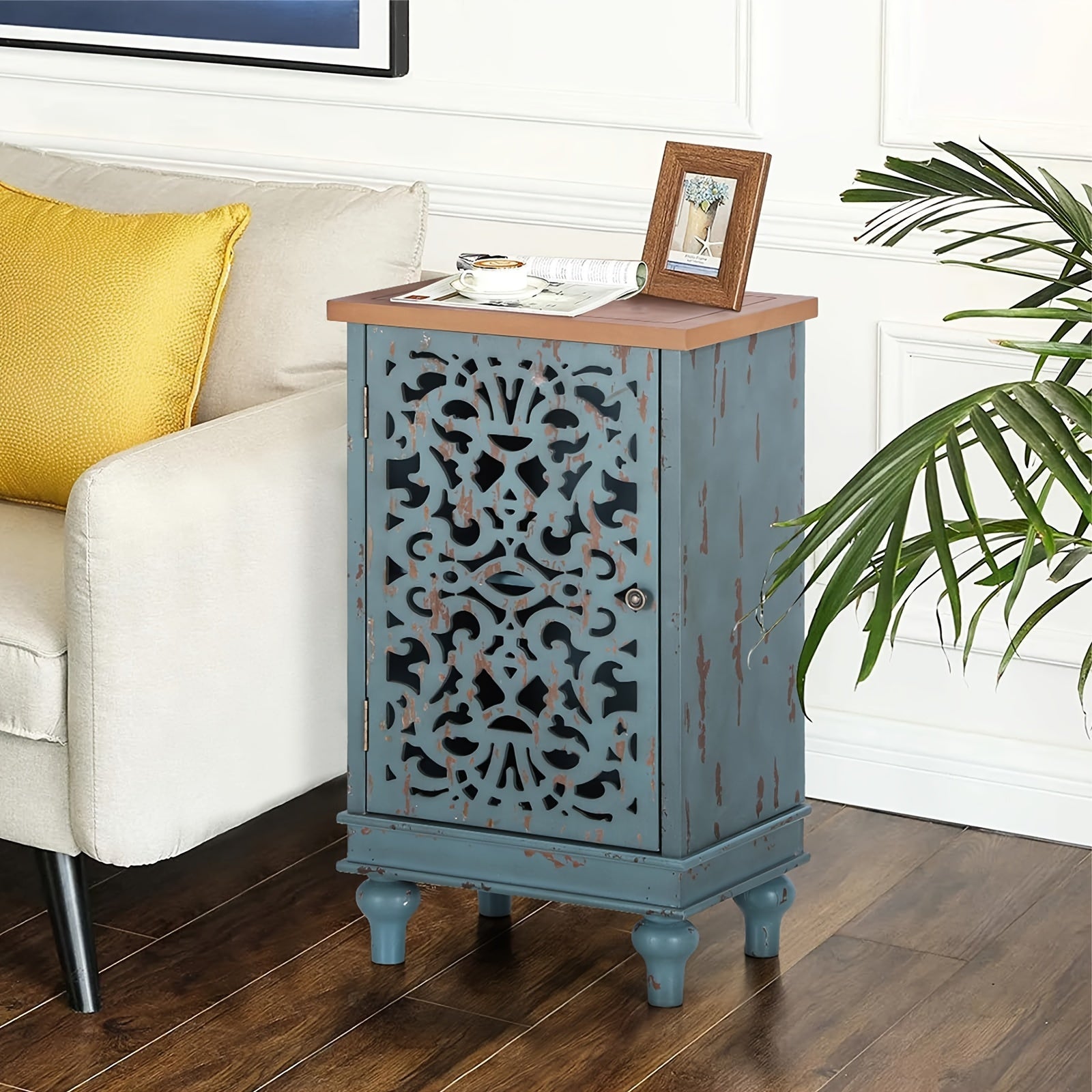 Mix Patio Accent Cabinet Small With Single Door, 31.5" Tall Side End Table, Distressed Nightstand With Wooden Frame And Hollow Carved Door, Blue/White, 1-Door