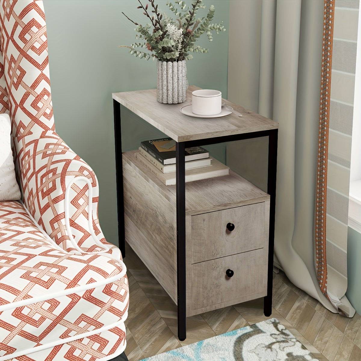 Side Table 1pc Narrow Nightstand With 2 Drawers Living Room End Table With Storage Slim Bedside Table For Small Spaces