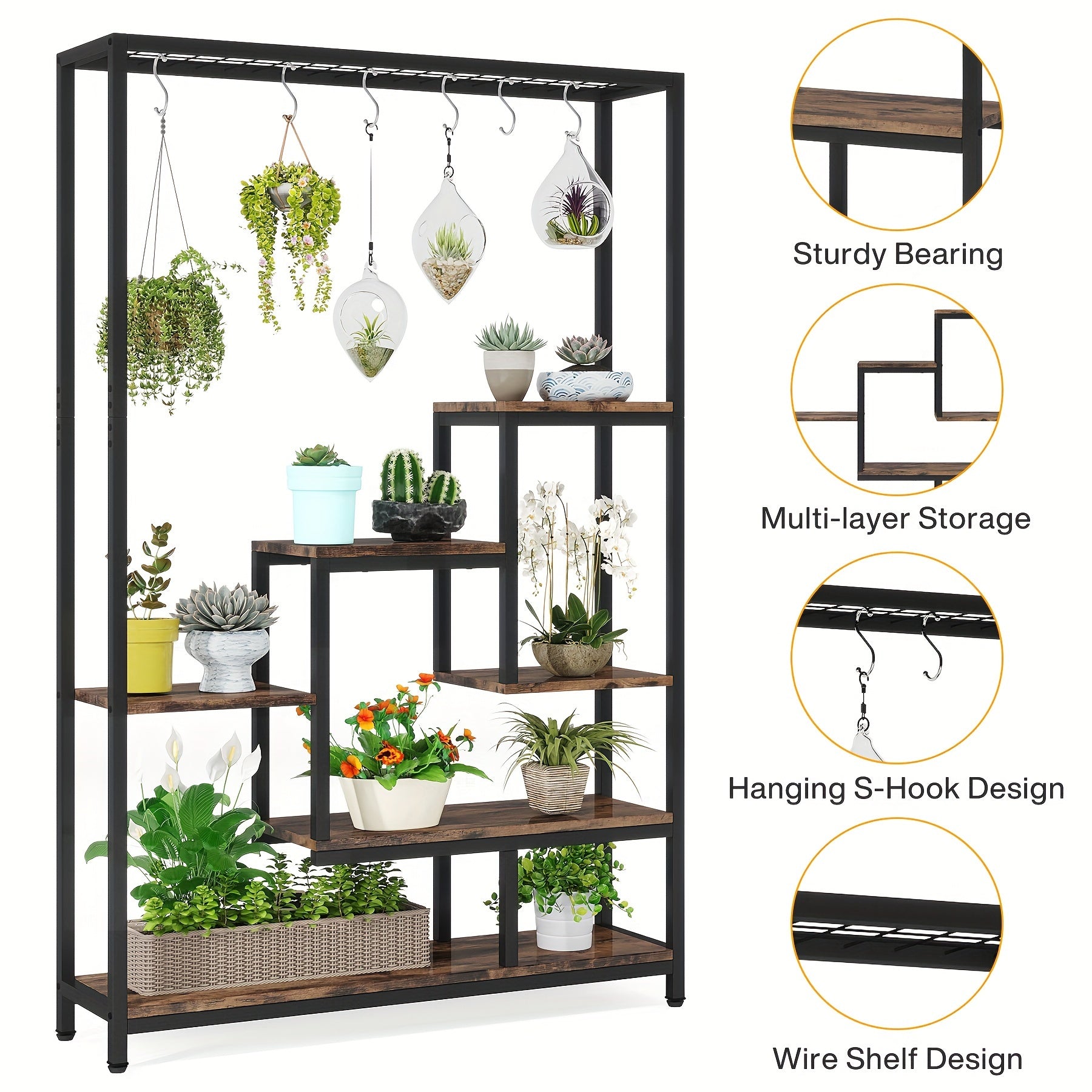 Indoor 70.9-Inch Tall Indoor Plant Stand, 5-Tier Large Metal Plant Shelf with 6PC S Hanging Hooks, Multi-Purpose Flower Bonsai Pots Display Rack for Garden, Balcony, Living Room