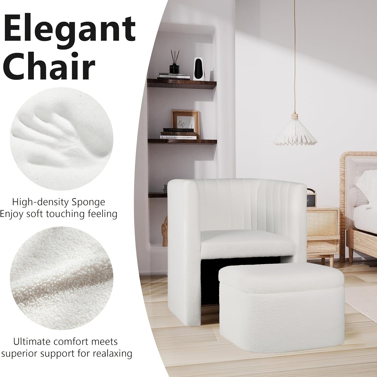 Sherpa Accent Chair with Ottoman, Modern Mid-Century Armchair with Storage, Sponge Filled, Wood Frame, Upholstered, with Dry Clean Only, for Living Room, Bedroom - White