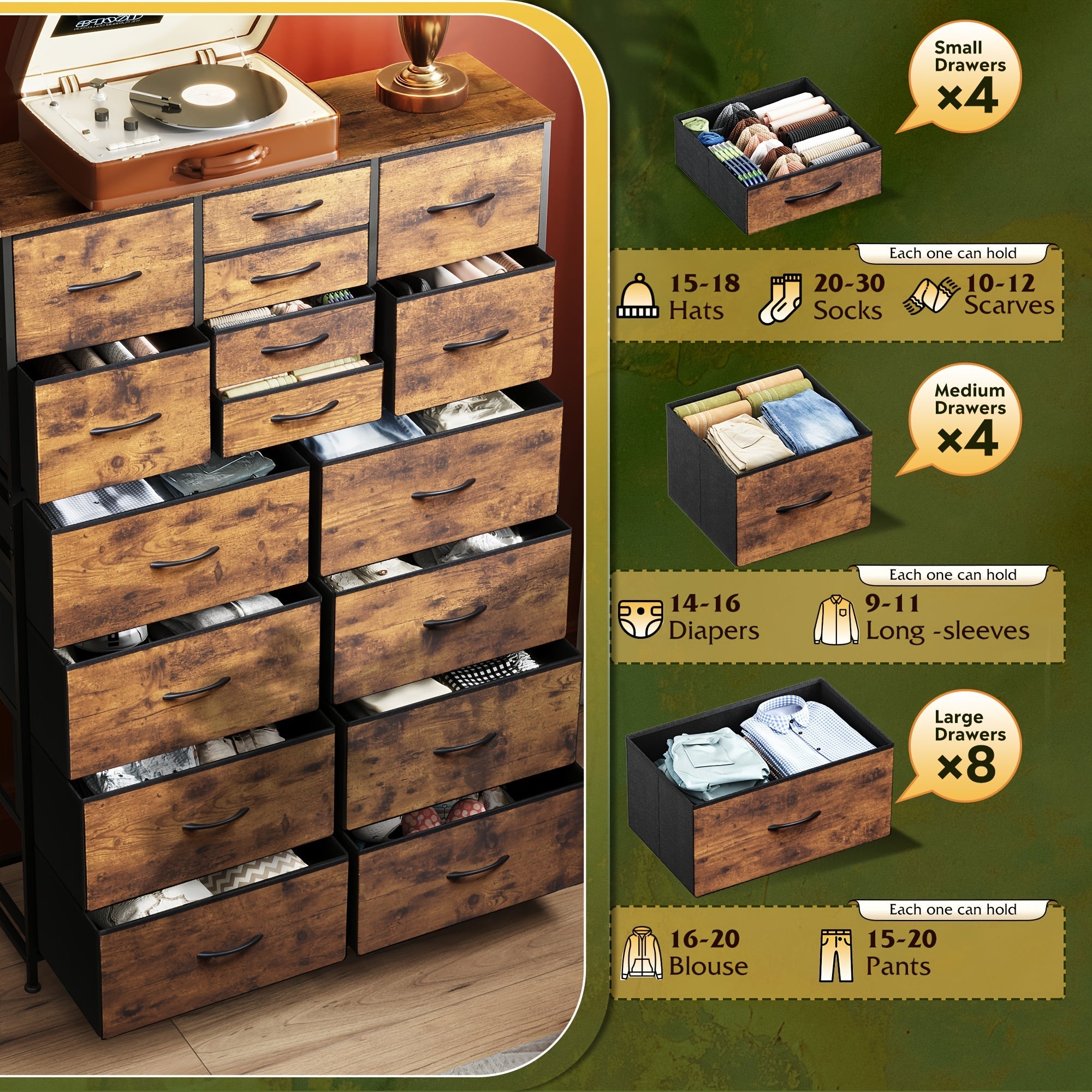 16 Drawers Dresser Tall Dresser for Bedroom Closet Hallway Storage Dresser Organizer unit Large Dressers & Chests