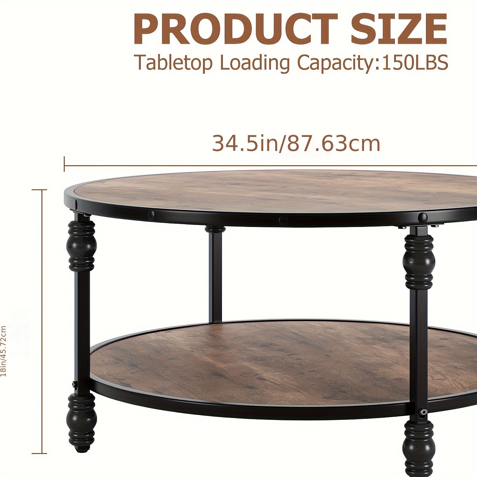 Round Coffee Table 34.25" Industrial Center Table with Storage Shelf 2-Tier Rustic Accent Center Table Wood Circle Coffee Table with Sturdy Metal Legs, Easy Assembly