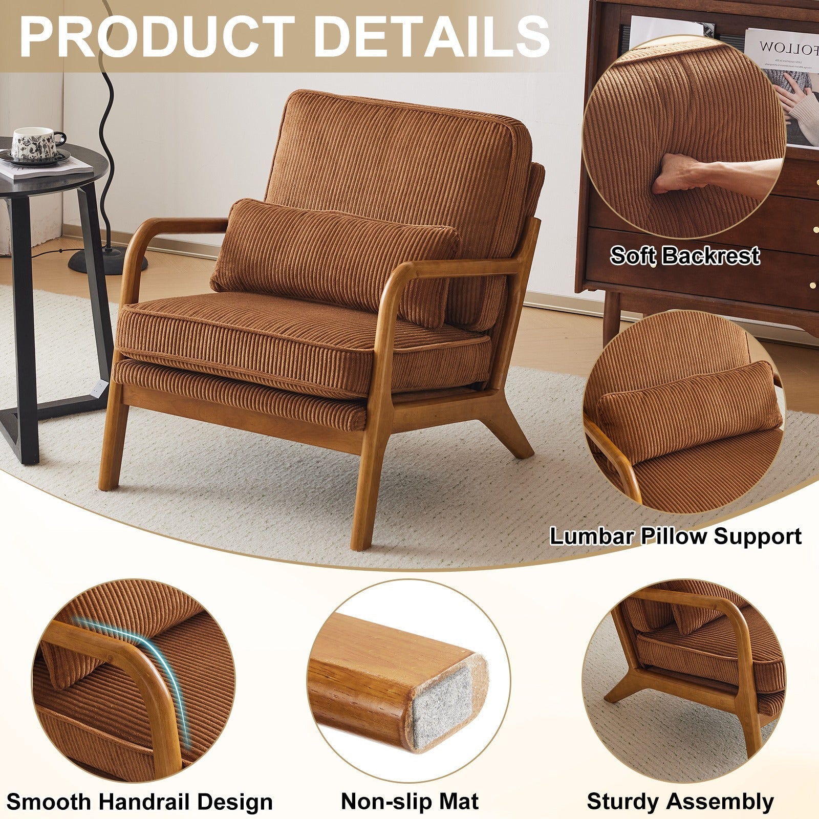 2-Pack Premium Corduroy Accent Chairs, Upholstered Arm Chair, Solid Wood Comfy Reading Chair with Lumbar Pillow, Mid Century Modern Chairs for Living Room,Bedroom