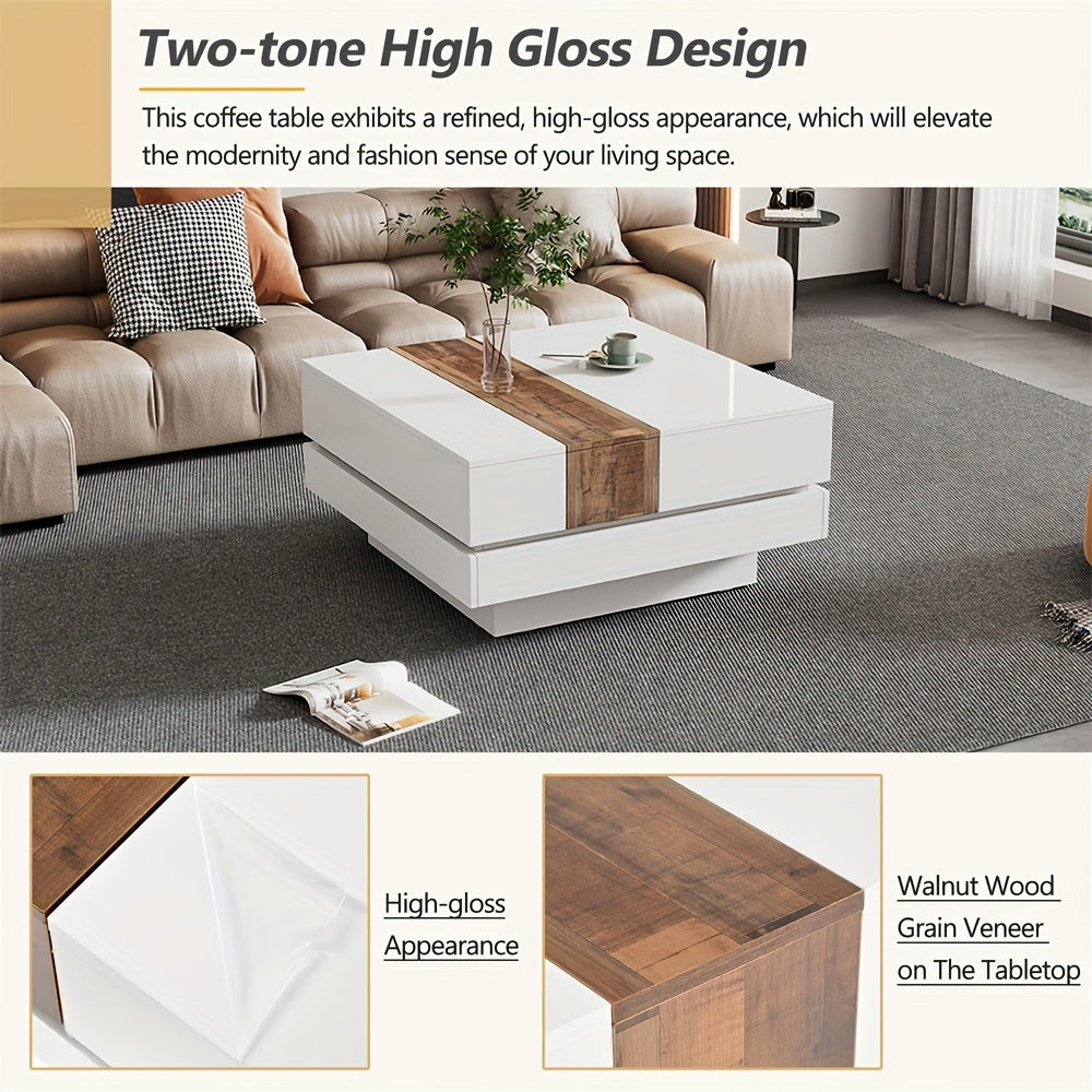 81cm Square Coffee Table With Sliding Tabletop High Gloss Center Table With Hidden Storage Compartment Extendable